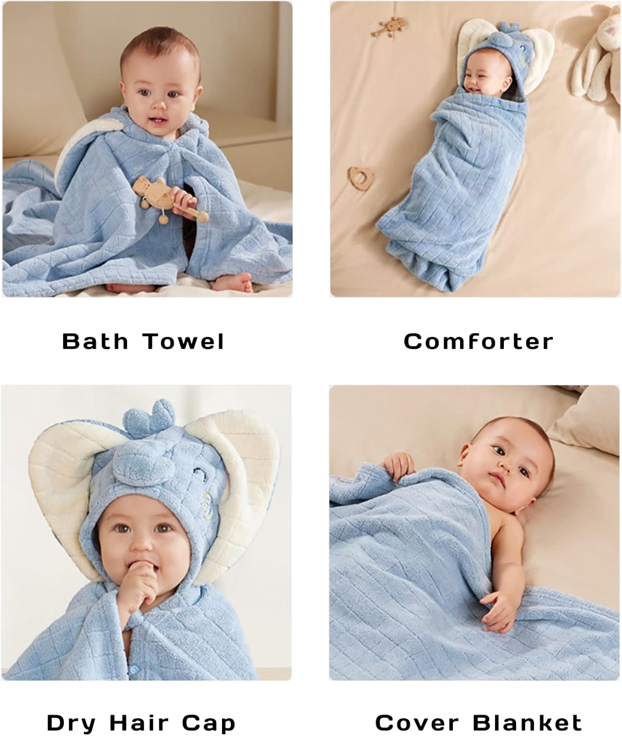 Blue Baby Hooded Towels Wrap for Boys Girls,Large Washcloths Absorbent Swimming Bathrobe,Ultra Soft Bath Towel for Babie(Elephant 41×41 INCH)