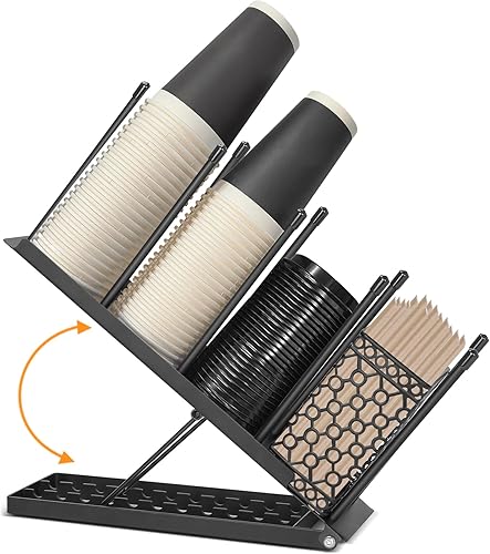 SANWICH Soporte de metal para tazas y tapas, organizador ajustable para tazas de café, dispensador de tazas desechable de 4 compartimentos con cesta