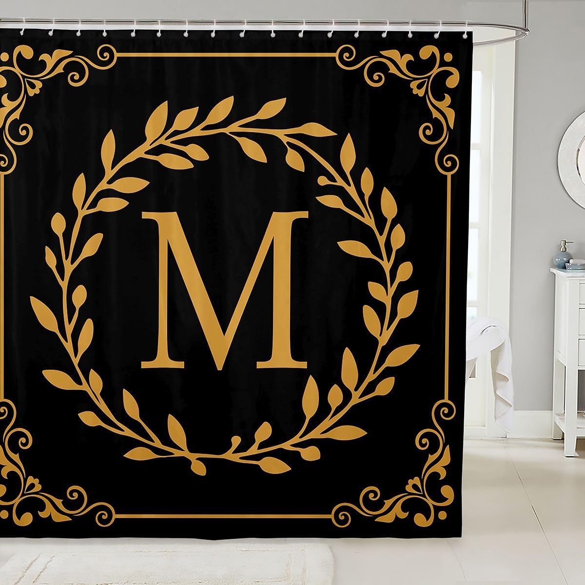 Initial Letter M Fabric Shower Curtain Black Gold Shower Curtain Personalized Gifts For Women Men Friend Boho Floral Leaves Bath Curtains 72" W X 78" L Flower Retro Bathroom Waterproof Accessories