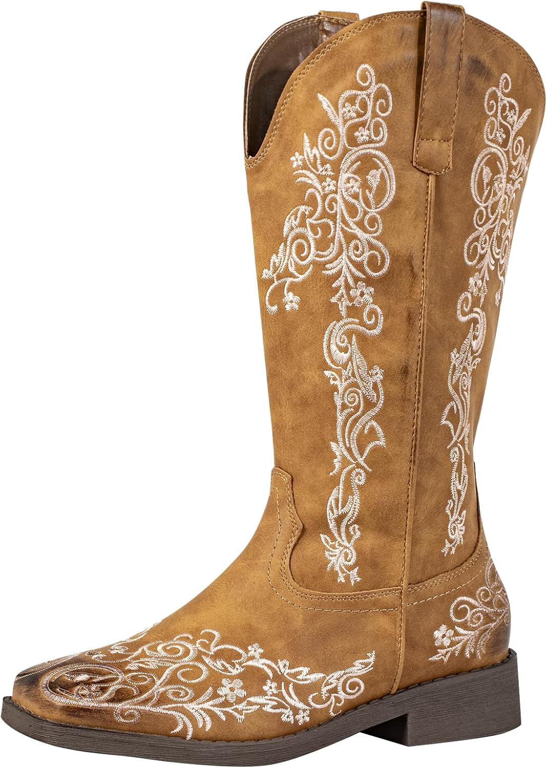SheSole Women's Square Toe Cowboy Boots Floral Embroidered Cowgirl Western Boots Wide Calf