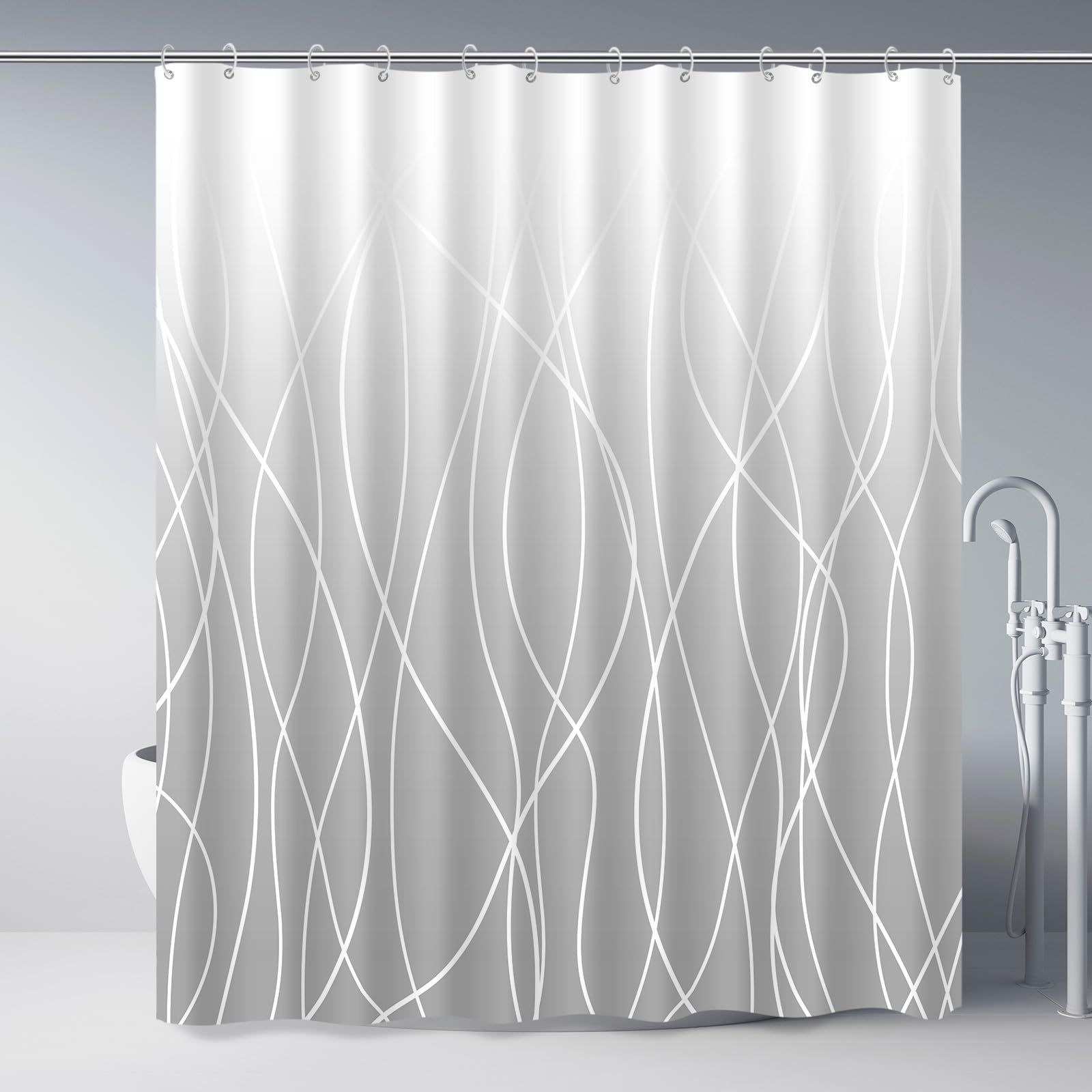 Punkray Ombre Light Grey Striped Polyester Shower Curtain for Bathroom with Hooks, Waterproof Bath Accessories Hotel Style - Machine Washable 72 x 72