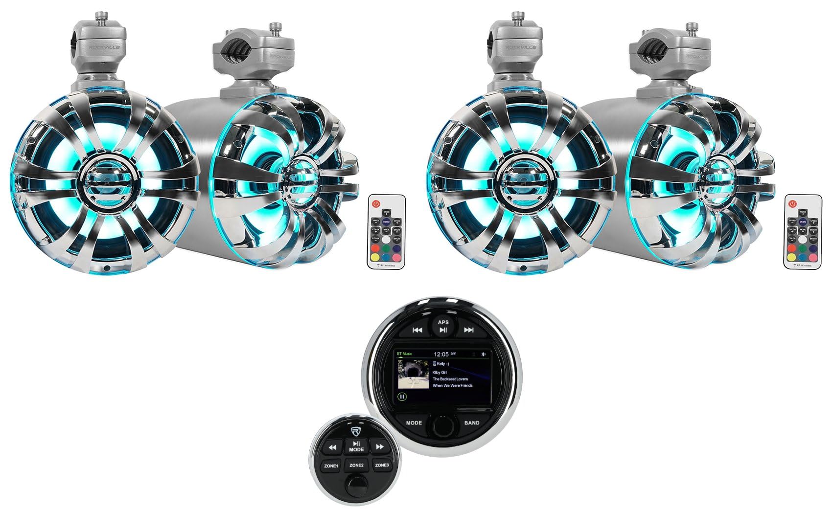 Rockville Bundle: (1) RGHR48A 4 Zone Marine Gauge Hole Receiver Bluetooth App Control+Remote Bundle with (2) Pair WB65KLED 6.5