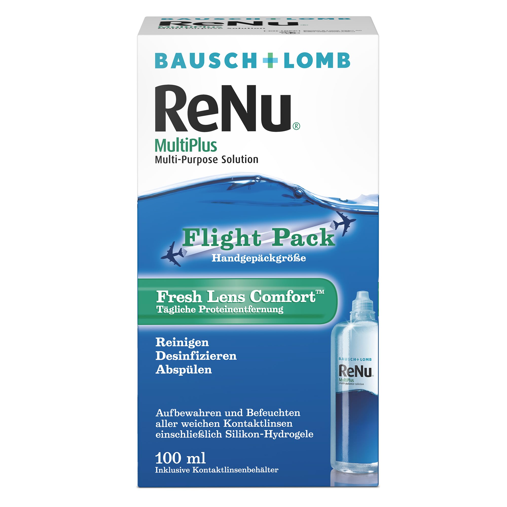 Bausch + Lomb ReNu MultiPlus Kombilösung – All-in-One Kontaktlinsenreiniger mit Proteinentferner (Reise-Set, 100 ml)