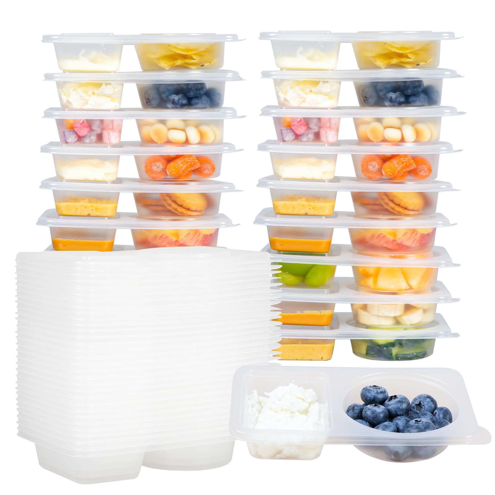 ZMLLAYE 20 Pack Reusable Snack Containers with Lids - 2 Compartment Snack Containers for Kids & Adults, Portable Leakproof BPA-Free Snack Pack Containers