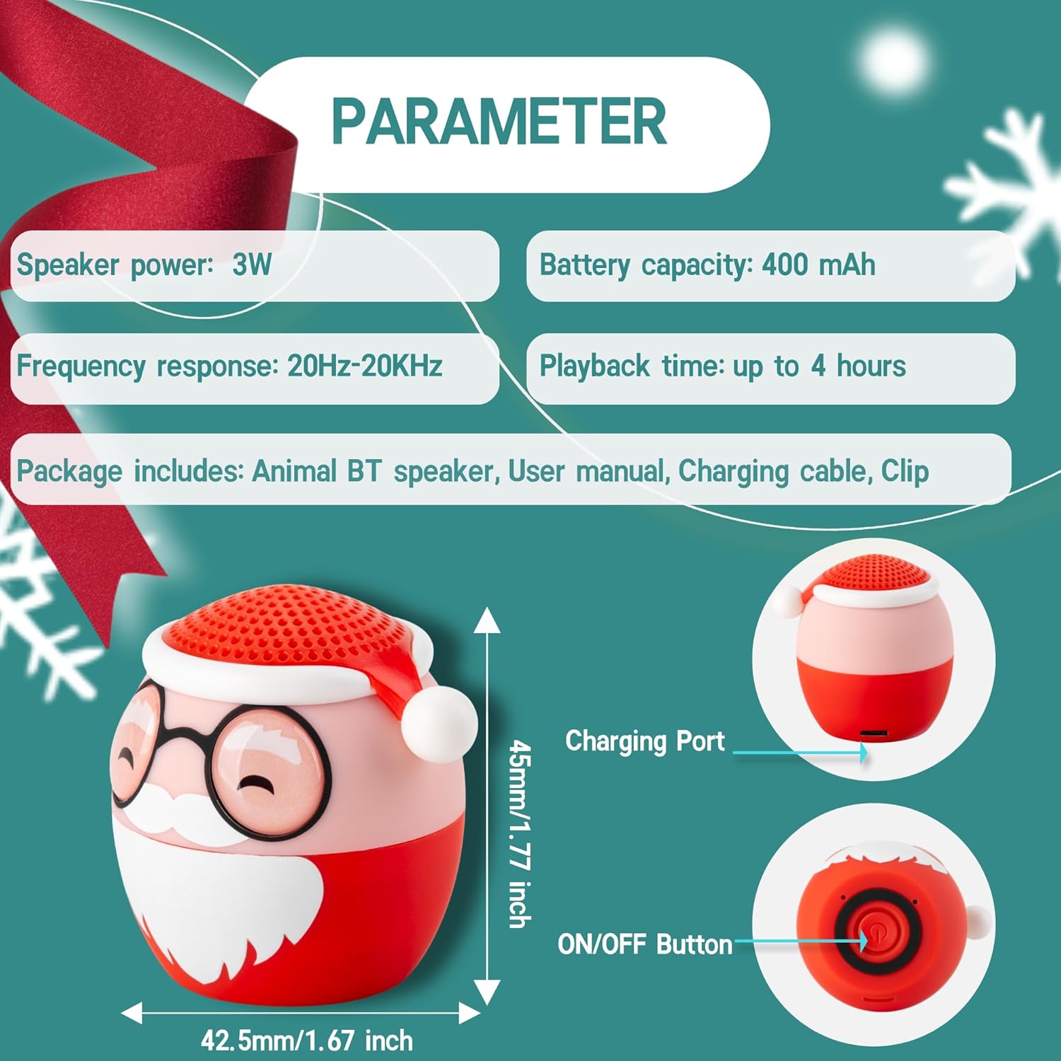 Dimensions and key parameters of the Santa Claus Mini Bluetooth Speaker