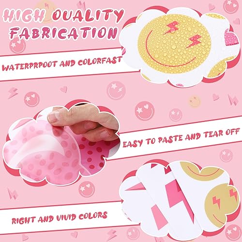 Miniatura 3 de 9 hojas de calcomanías de pared de color rosa preppy, estética, cara sonriente de howdy, rayo, calcomanías de pared de vinilo rosa de guepardo para