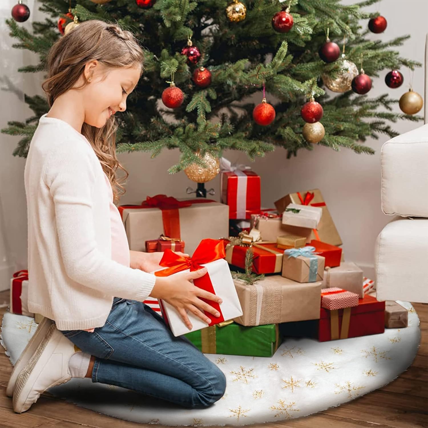 Jupe De Sapin De Noël En Fausse Fourrure Blanche - Diamètre 90 Cm, Protège Le Sol, Réutilisable