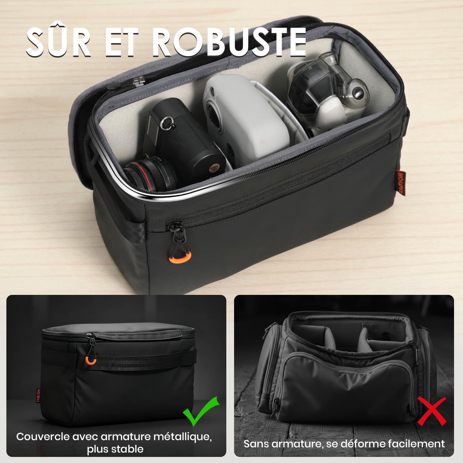 TARION Insert pour Sac Appareil Photo - Sac Intérieur Rembourré avec Couverture Amovible & Cadre Métallique (XS)