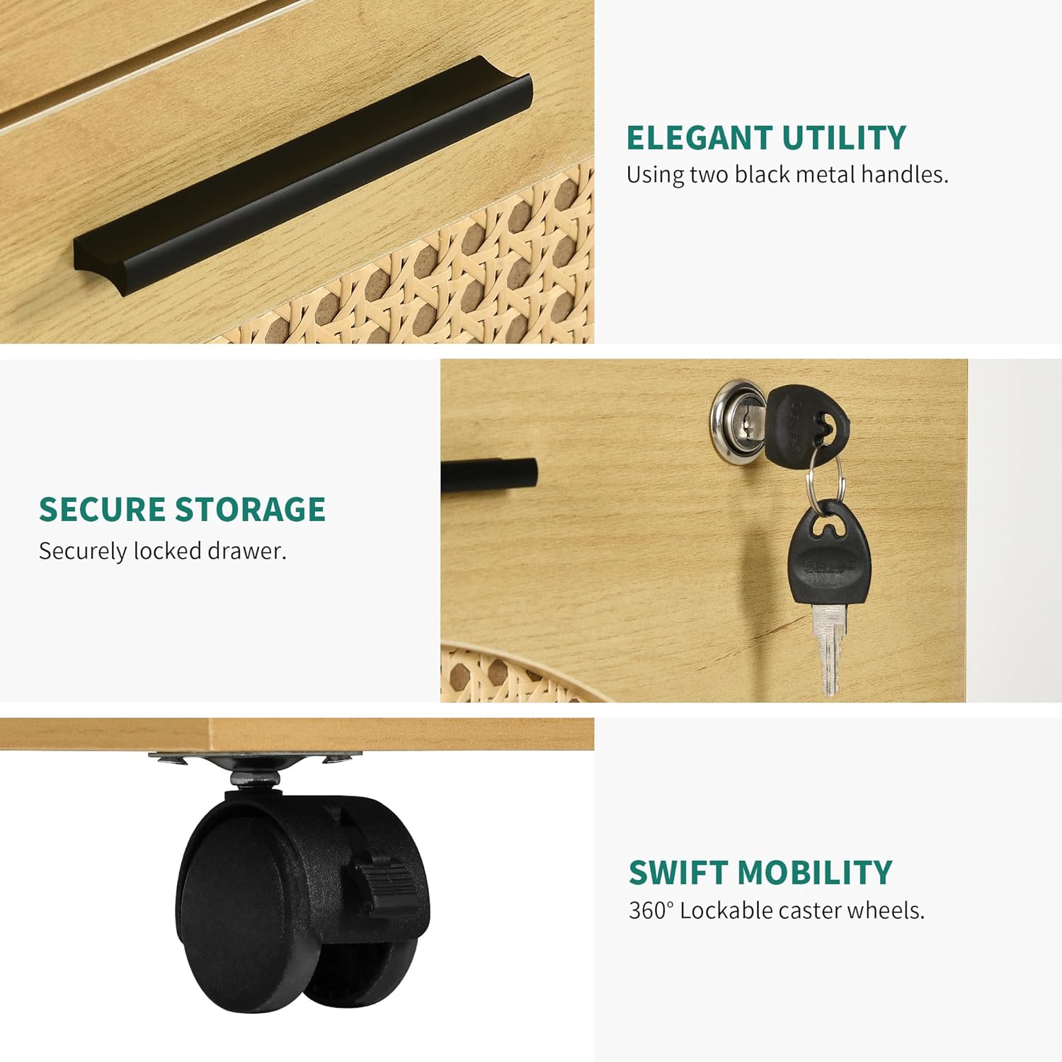 Close-up views of the YITAHOME Rattan File Cabinet's black metal handles, key lock mechanism, and 360-degree lockable caster wheels.