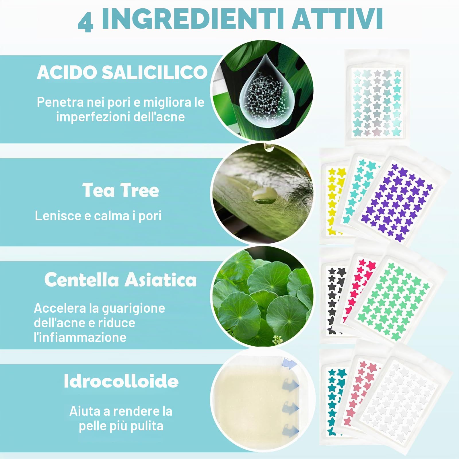 400 Pezzi pimple patch star, patch brufoli stelline Invisibile Naturale Hydrocolloid, cerotti per brufoli con olio dell'albero tè Acido Salicilico, acne patch Assorbenti Impermeabile e Traspirante