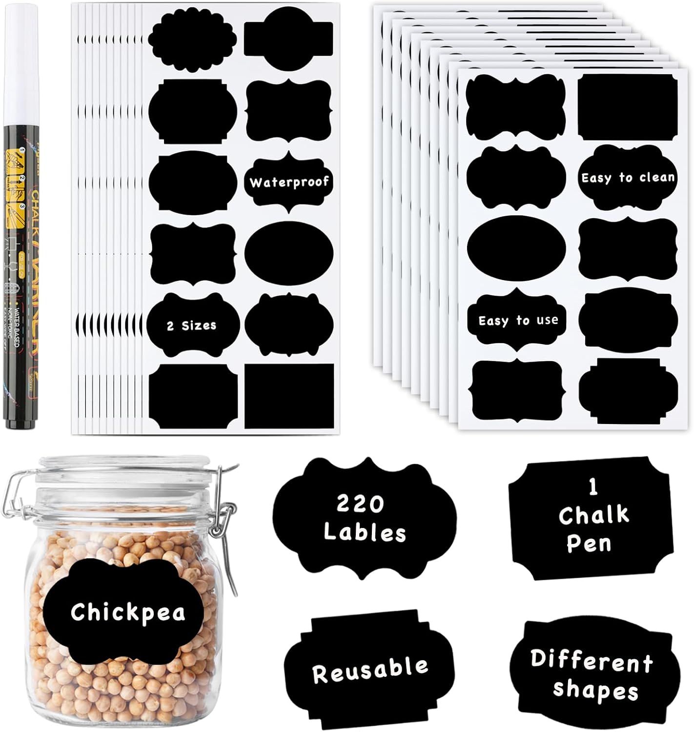 220 Pcs Waterproof Chalkboard Labels,2 Sizes with 1 White Chalk Marker, Reusable Label for Pantry, Jars, Storage Bin, Food Container, Jars, Containers