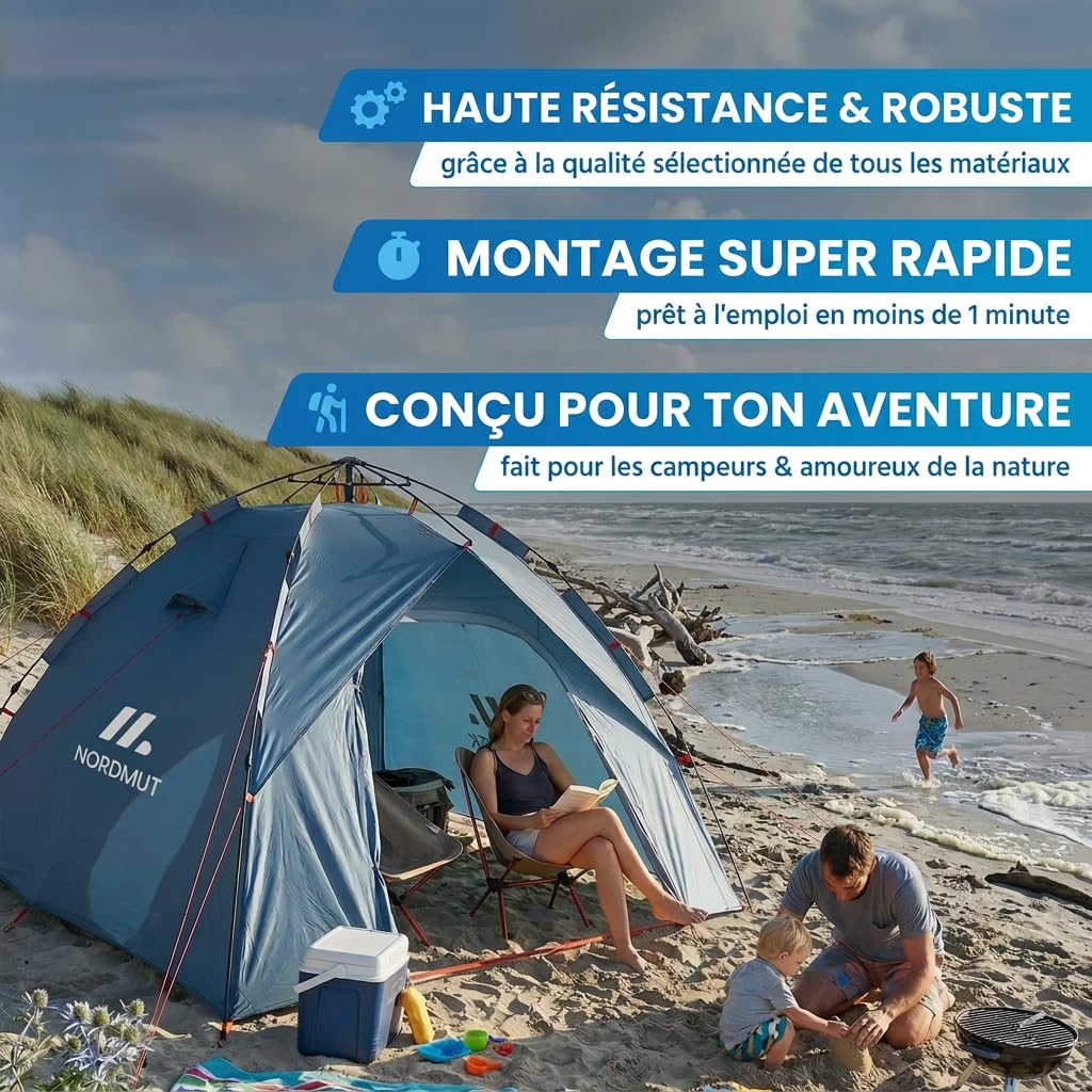 NORDMUT® Tente Pop-Up 2-4 Personnes – Montage Instantané, Étanche & Protection UV – Tente de Camping avec Excellente Circulation de l’Air