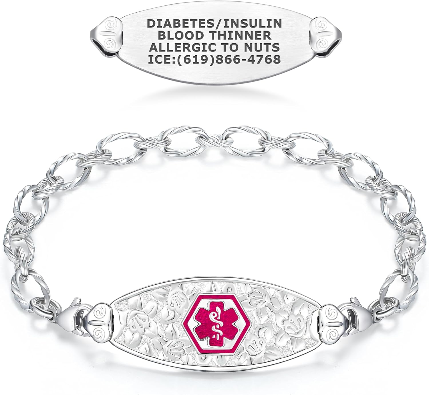 Divoti Medical Alert Bracelet for Women, Custom Engraved Cherry Blossom Medical ID Bracelets, w/Ridged Chain — Style