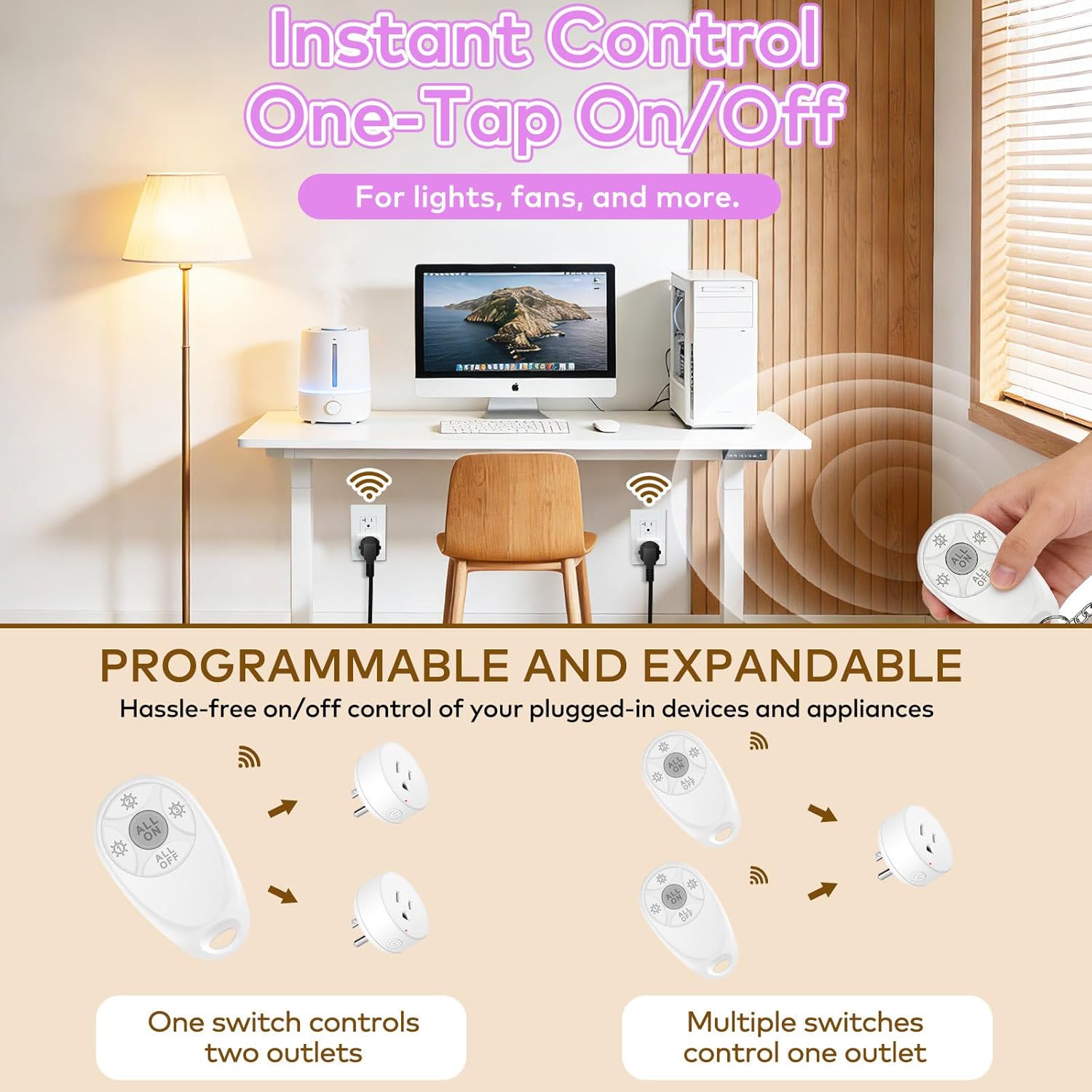NineLeaf Wireless Control Outlet Plug with Mini Keychain Remote, Compact Socket Design, 500FT, 15A/1500W, Easy Plug and Play, No Wiring for Home, Lights, Appliances,1 Mini Remote+1 Square Outlet