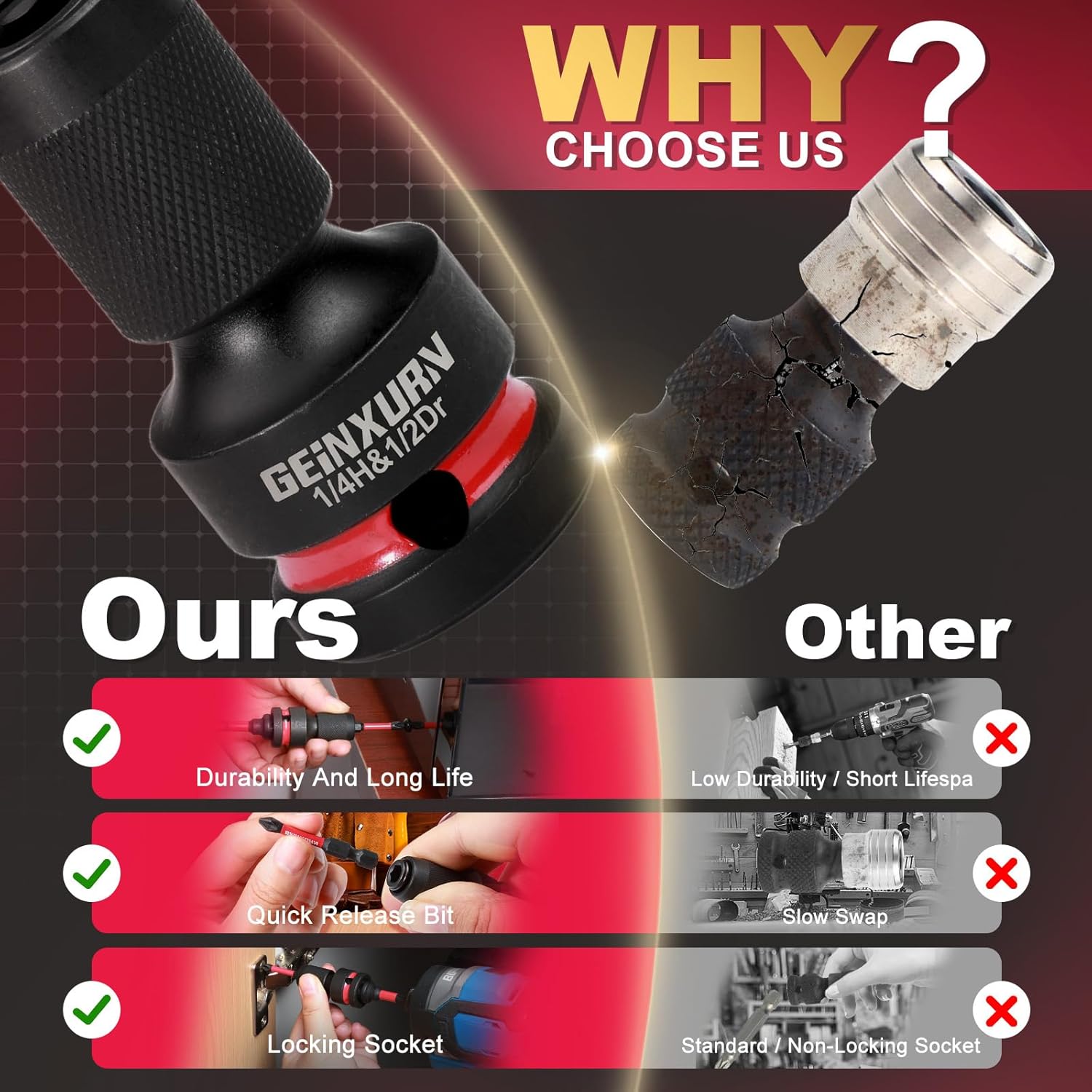 3PCS Impact Screwdriver Bit Holders Include 1/2-inch, 3/8-inch and 1/4-inch Square Drive to 1/4-Inch Quick Release Hex Socket Adapter for Impact Wrench