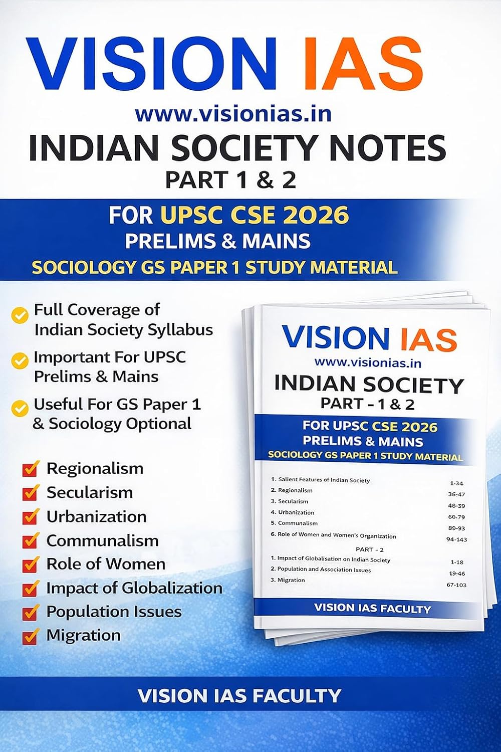 Vision IAS Indian Society Notes Part 1 and 2 for UPSC CSE 2026 Prelims and Mains Sociology GS Paper 1 Study Material Photocopy