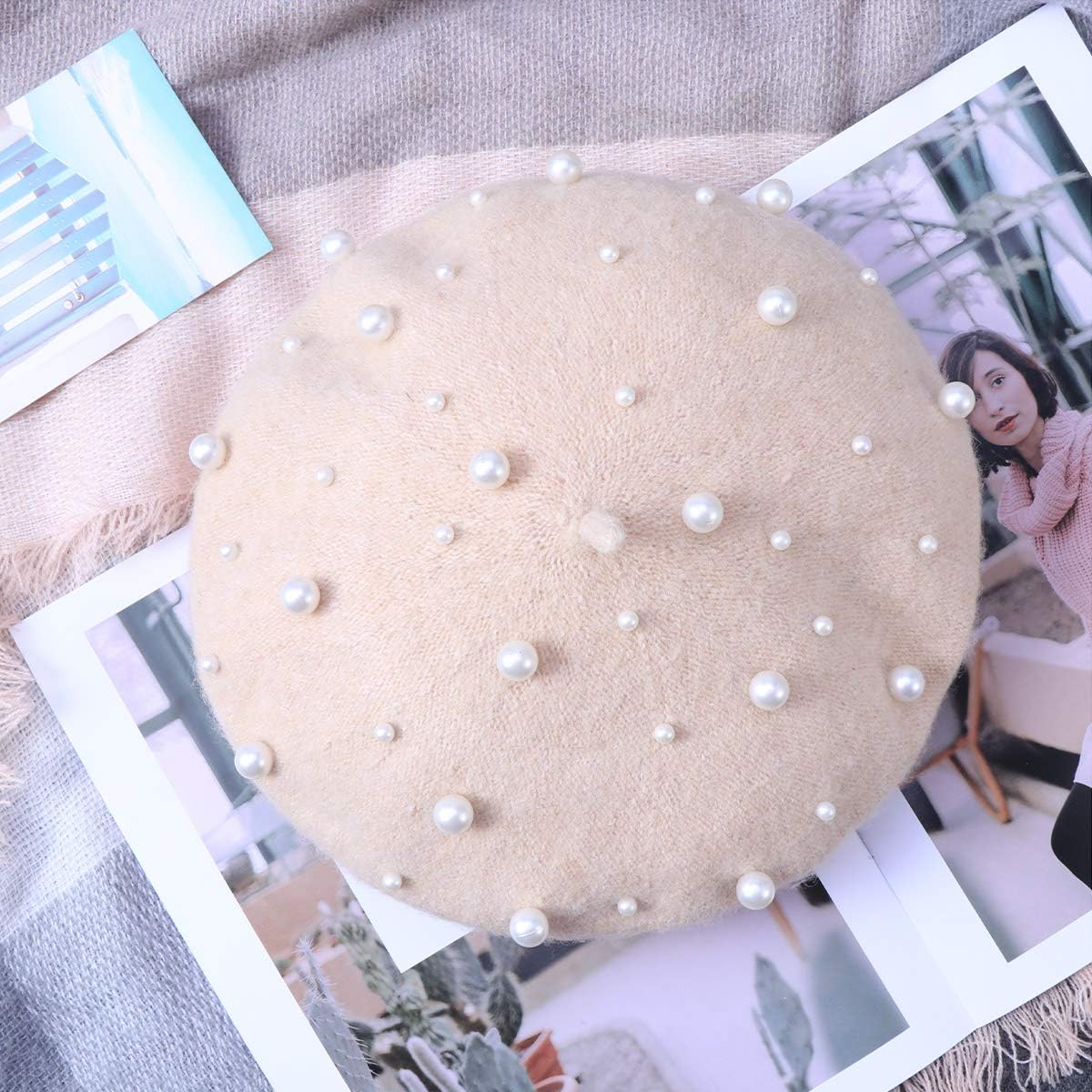 Wool Beret Hats for Women with Pearls, French Style Beret for Girls Winter Fall, Solid Color Artist Hat for Photo Shoots Travel Accessory (Beige) - Image 5
