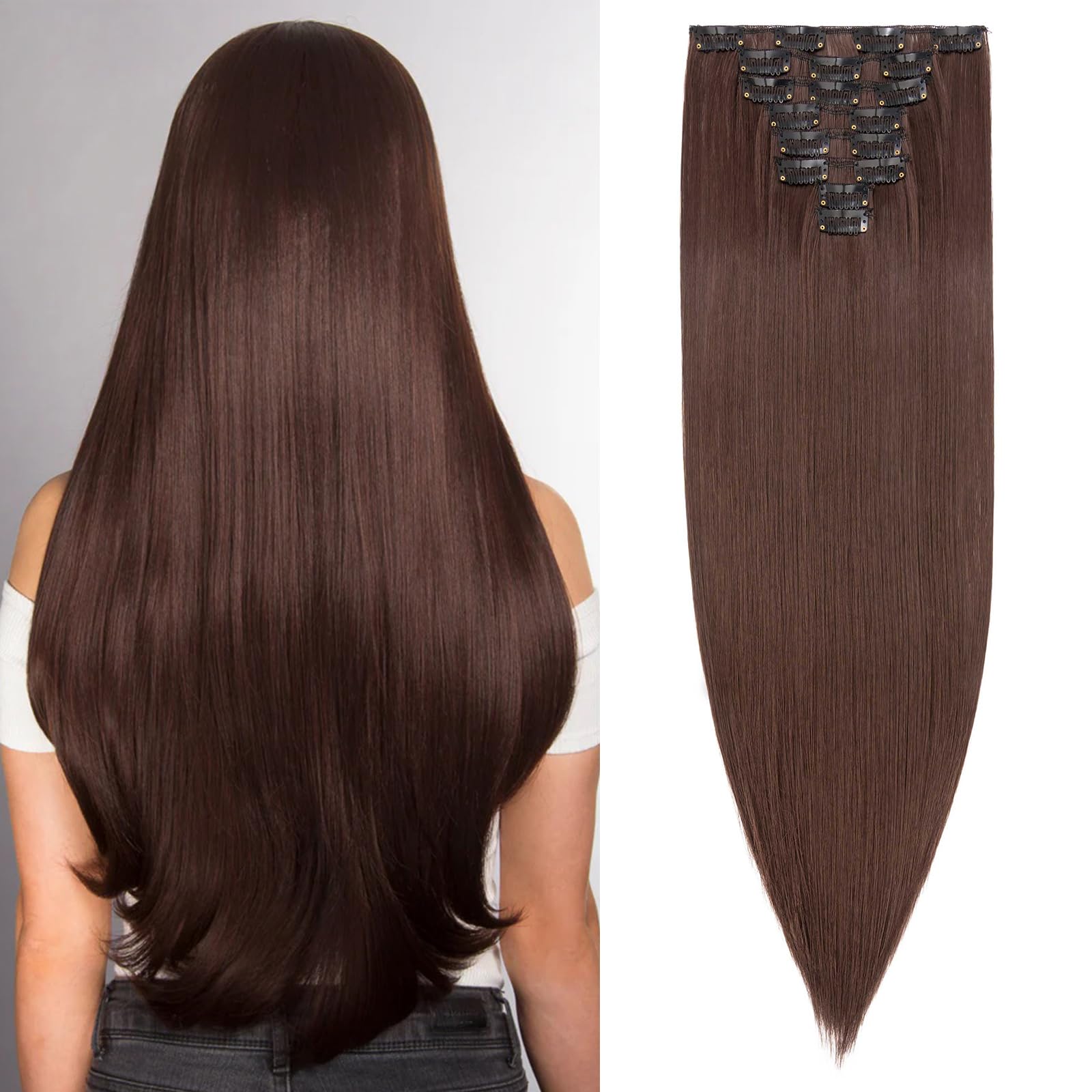 SEGOHAIR Hair Extensions Clip in 8Pcs 18 Clips Synthetic Fiber Seamless 26" Long Straight Full Head -Medium Brown