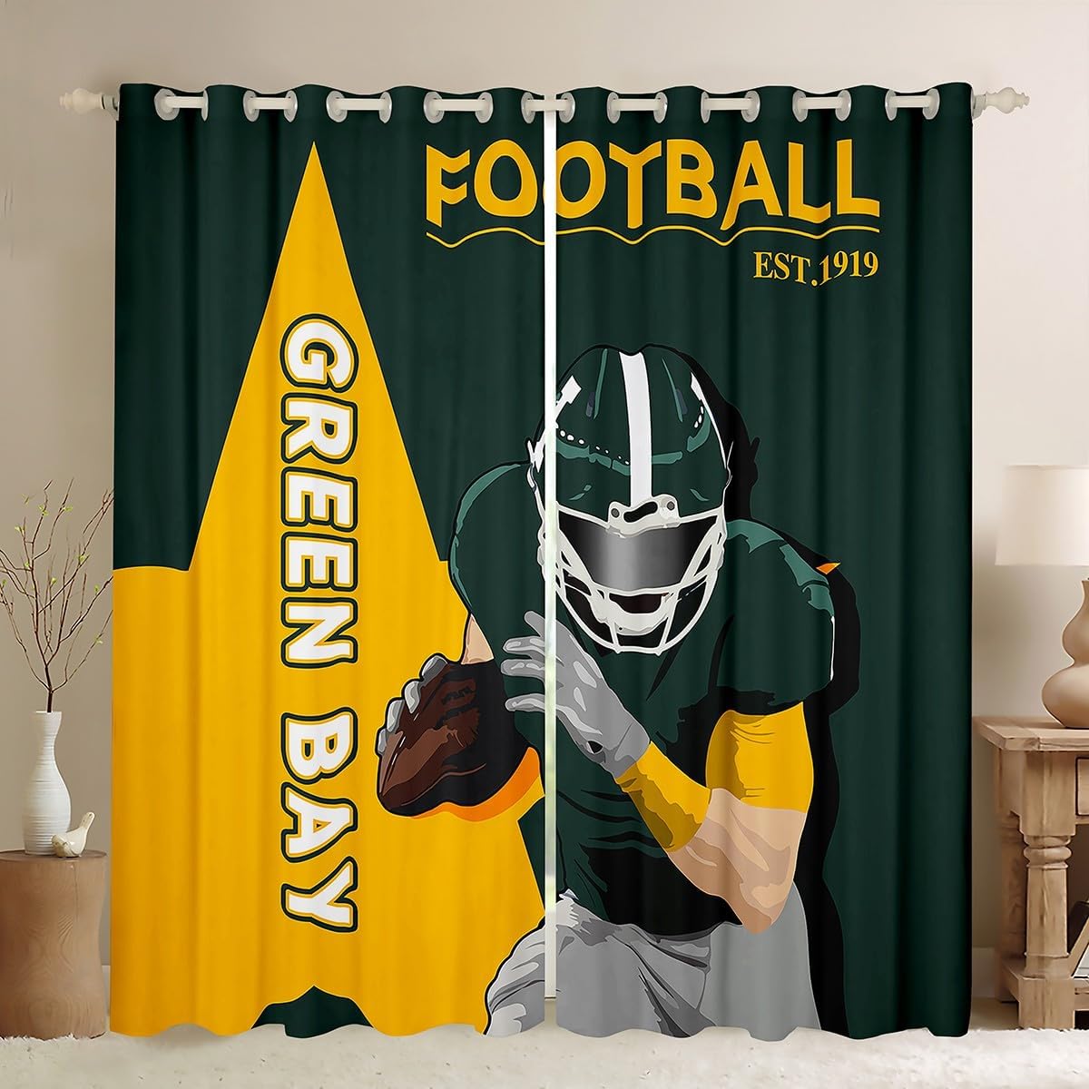 Feelyou Football 30%-50% Room Darkening Blackout Curtain (2 Panels, 38 x 45 Inch) Green Bay Curtains for Bedroom Living Room American Football Player Women Men Football City Blackout Curtains