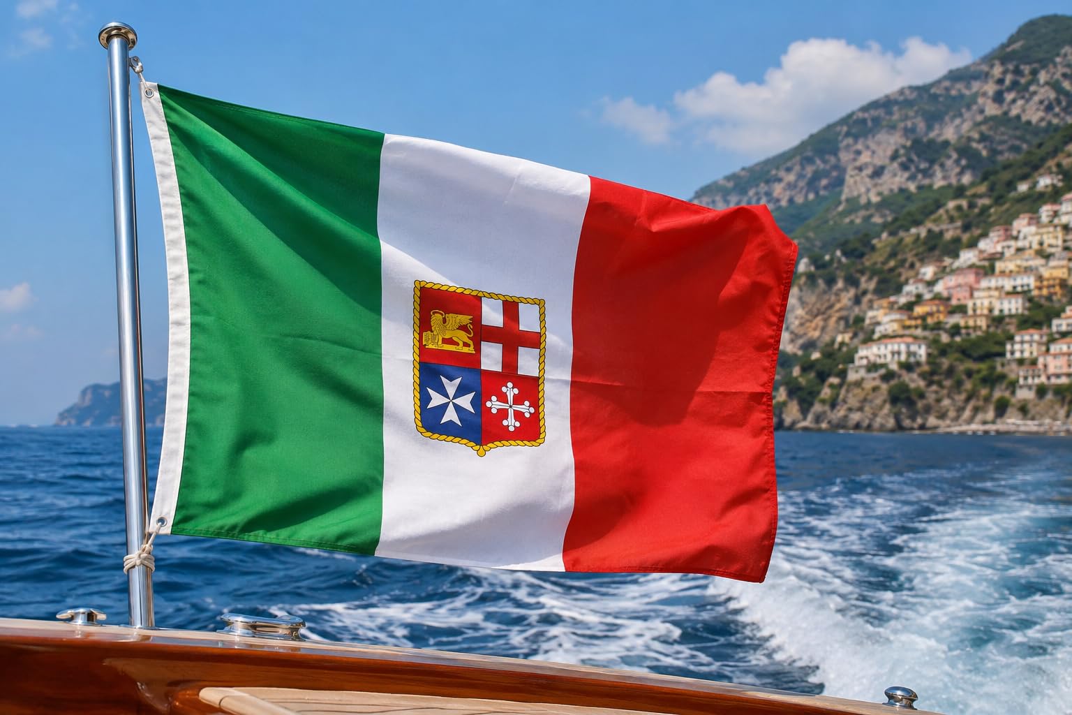 Bandiera Italia Marina Mercantile – Bandiera Nautica Italiana con Stemma Marina Mercantile – Tessuto Resistente per Barca, Yacht, Porto, Eventi e Collezione Misure 145 x 230 cm