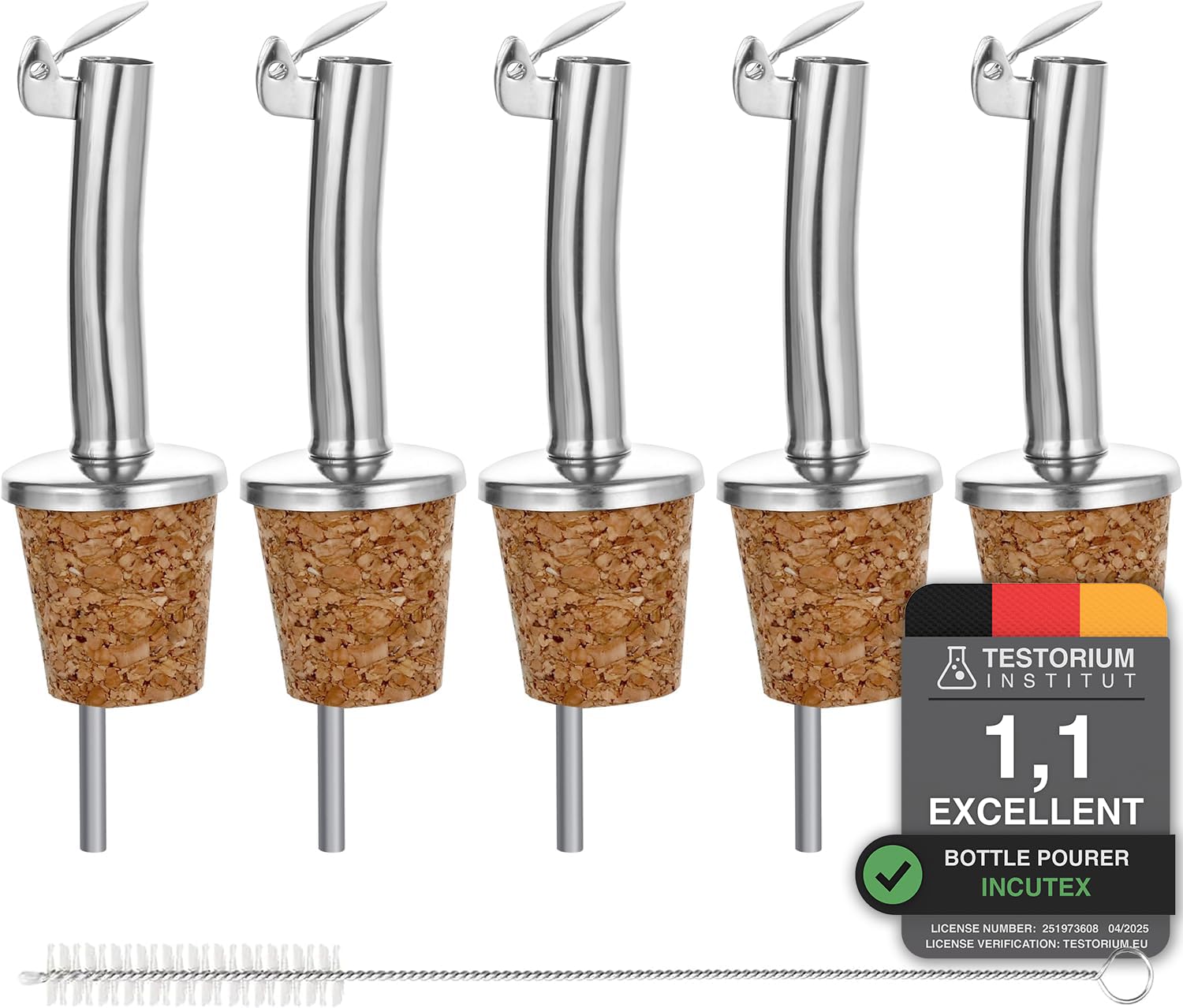 Incutex Silver 5X Bottle Pourers And 1X Cleaning Brush, Cork Pourer With Stainless Steel Lid, Drizzler, Oil Stopper, Bottle Spouts, Spirits Wine Liqueur Vinegar Pourer