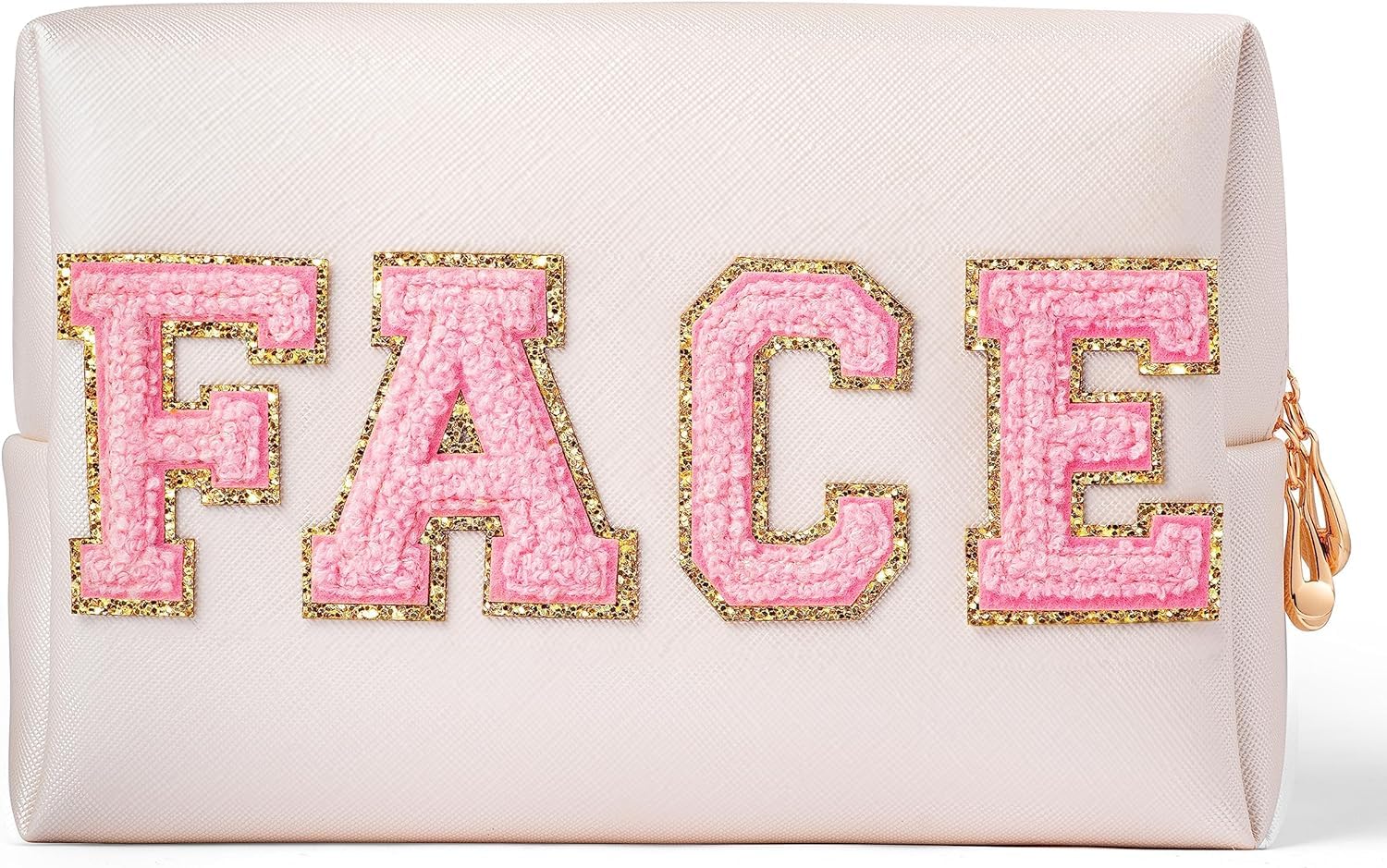 Patch FACE Varsity Letter Cosmetic Toiletry Bag PU Leather Portable Makeup Bag Zipper Pouch Storage Purse Waterproof Organizer Gift for Women Teen Girls Daily Travel Use (Shell Gold)