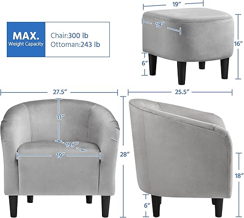 Miniatura 3 de Topeakmart Silla de club contemporánea para sala de estar, silla de barril con silla otomana y reposapiés, juego para dormitorio, sala de espera,