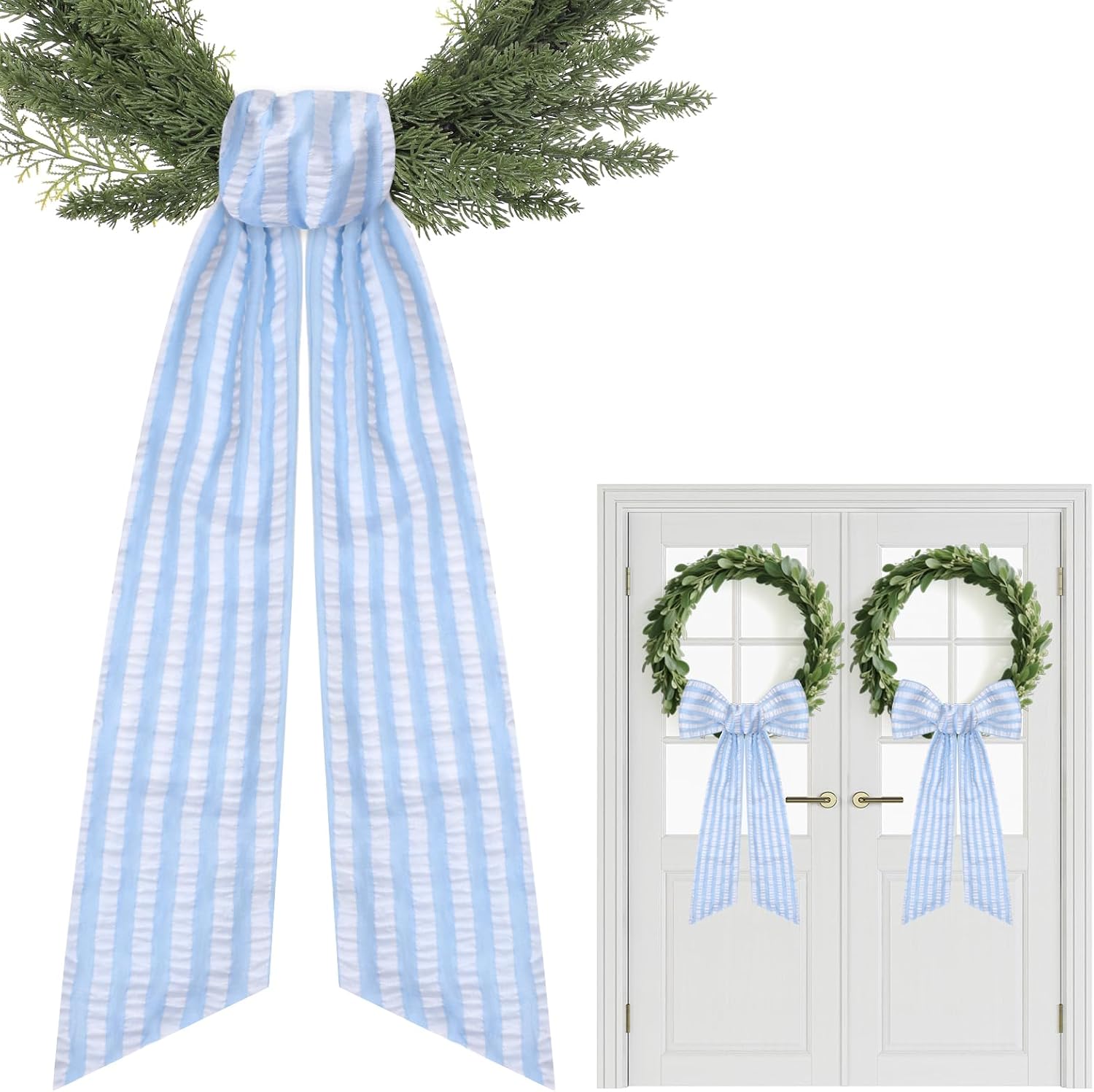 Blue Wreath Sash for Front Door - 2 Pcs Stripe Wreaths Sashes for Embroidery Monogram Home Decor, 60 Inch Seersucker Plain Wreath Sash for Garland Baby Shower Window Wall Yard