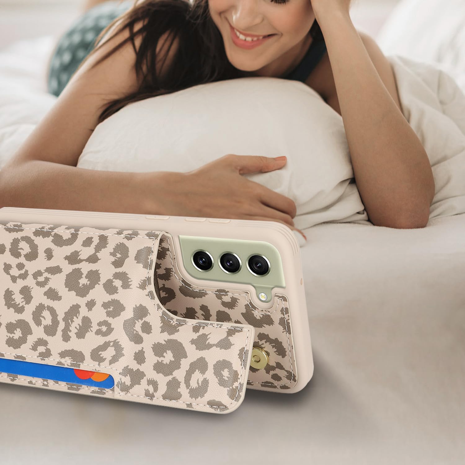 iCoverCase Compatible with Samsung Galaxy S21 FE Case with Card Holder, S21 FE Wallet Case for Women Men [RFID Blocking] PU Leather Protective Phone Case for S21 FE 5G (Beige Leopard) - Image 5