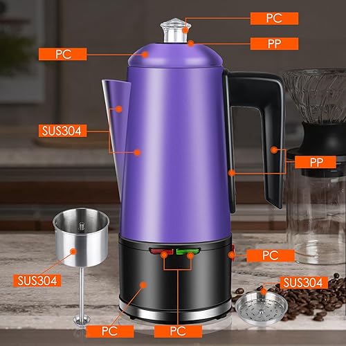 Miniatura 3 de HOMOKUS Percolador de café eléctrico de 12 tazas Percolator Cafetera de acero inoxidable con perilla transparente, mango de tacto frío, función de