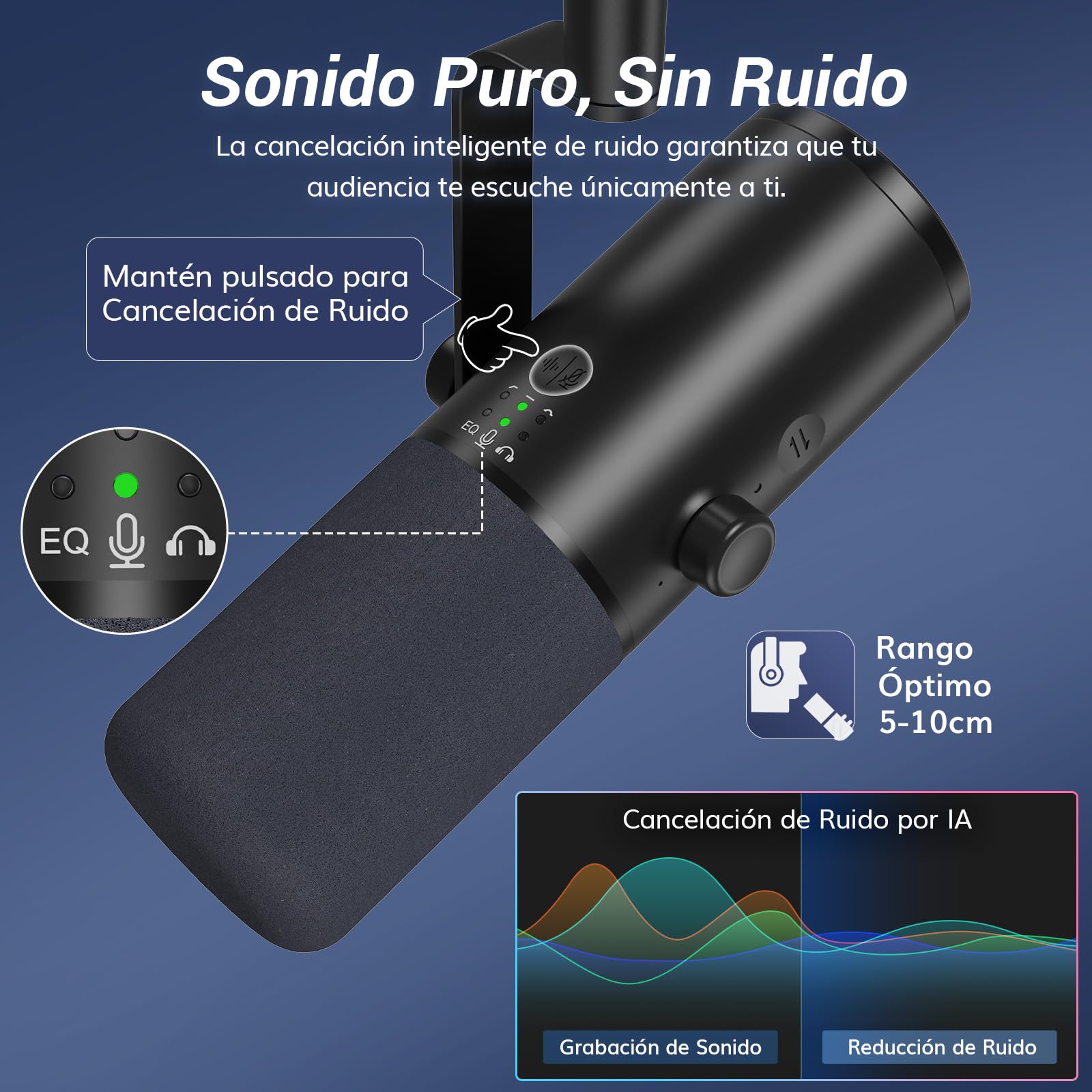TONOR USB/XLR Microfono Dinámico para Juegos, PC Micrófono Cardioide de Estudio con Soporte de Escritorio para Podcasting, Streaming, Conector para Auriculares de 3,5 mm y Botón de Silencio, TD510 AIR