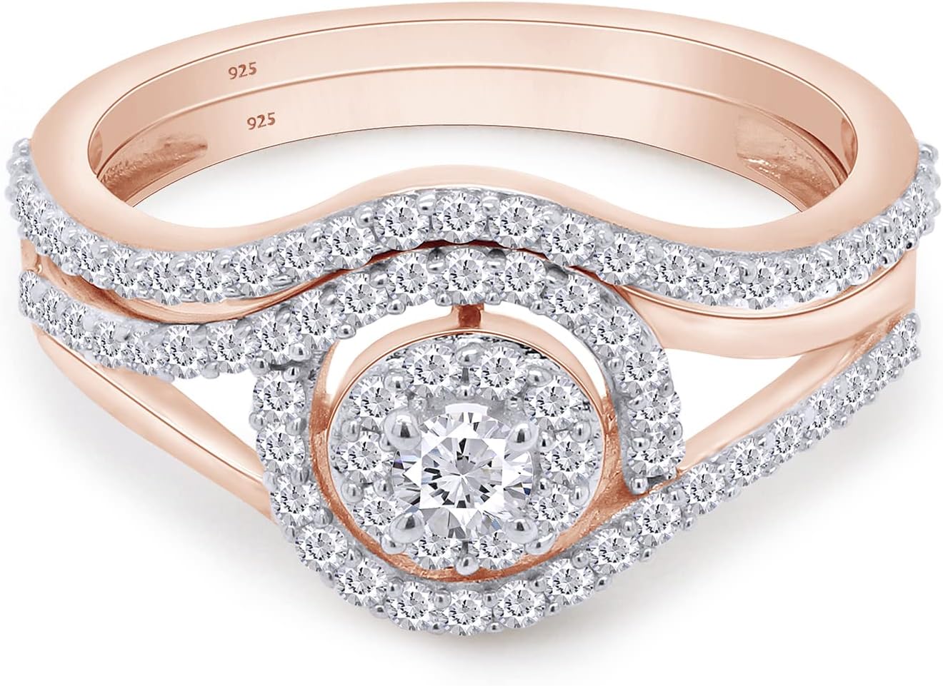 SAVEARTH DIAMONDS Round Cut Diamond Moissanite Lab Created Double Halo Split Shank Swirl Engagement Wedding Ring Set Bridal Jewelry for Women in 18k Gold Plated 925 Sterling Silver 0.60 Cttw, G-H/VVS1