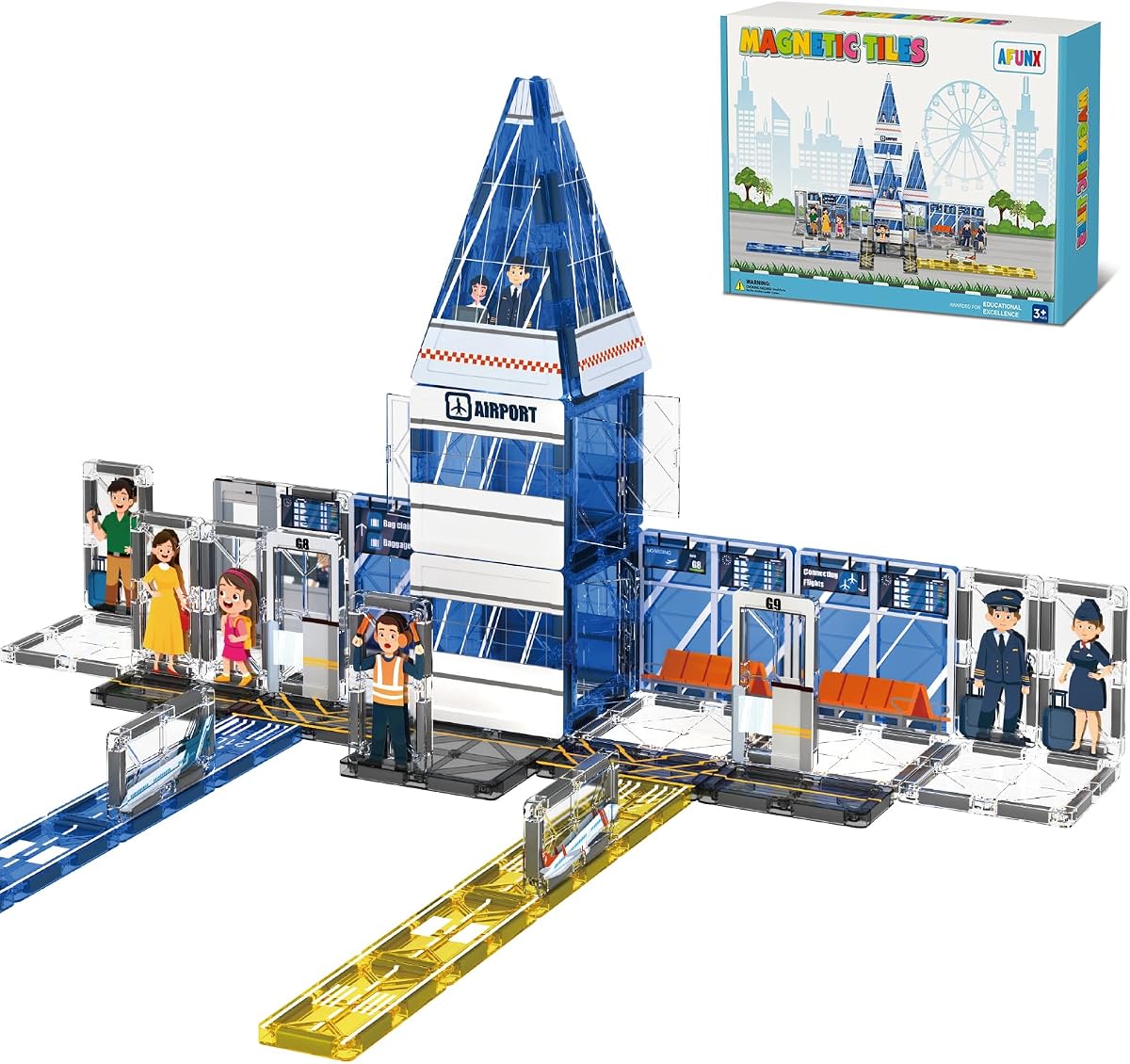 AFUNX Airport Magnetic Tiles Building Set for Kids Ages 3+ | Strong Magnets, Compatible with Major Magnetic Tile Brands,Pretend Play, Creative Building,Gift Ready