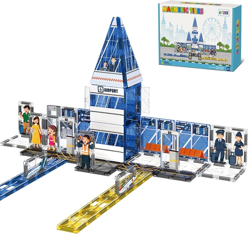 AFUNX Airport Magnetic Tiles Building Set for Kids Ages 3+ | Strong Magnets, Compatible with Major Magnetic Tile Brands,Pretend Play, Creative Building,Gift Ready