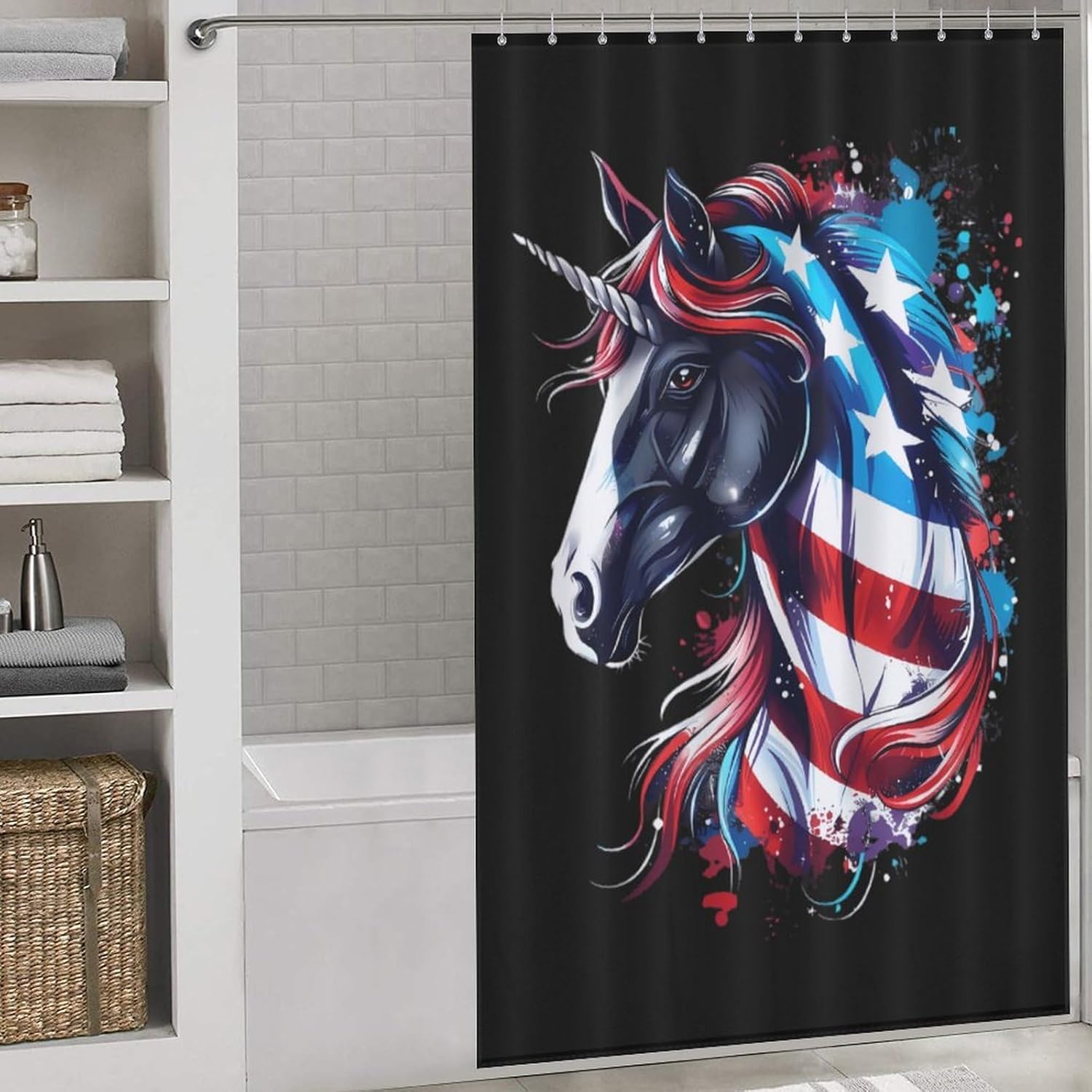 Horse in U.S. Flag Funny Shower Curtains Washable Bath Curtain Liner with Hooks for Bathroom Bath Tubs