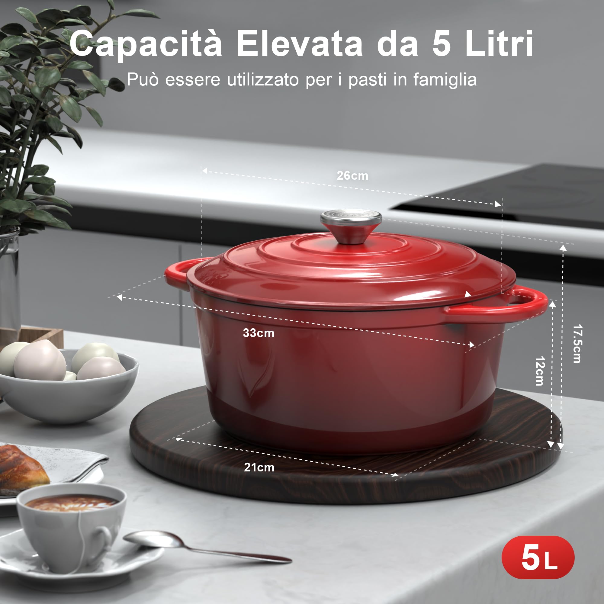 Pentola in Ghisa Smaltata - 26cm Pentole Olandese con Coperchio Casseruola Dutch Oven, Topbooc Rotonda Cocotte Padella Compatibile Induzione, Gas, Forno, per Pane, Stufati, Zuppe, 5L