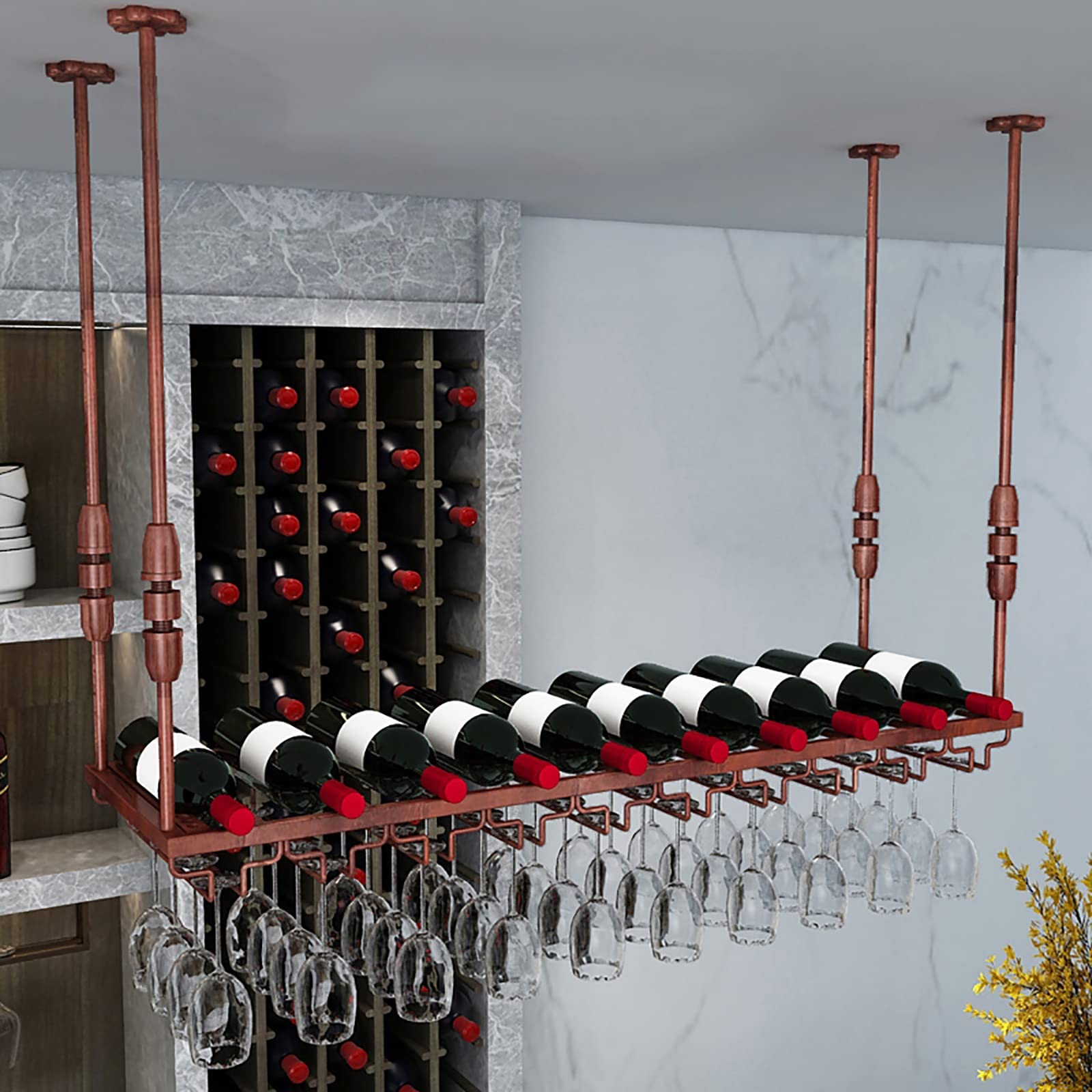 Casier à vin au plafond ULAINE 120 cm avec porte-verres en métal