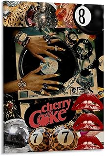 Retro Pop Culture Collage Canvas Wall Art Leopard Print Disco Ball Cherry Coke Posters with Vinyl Record And Glam Nails Trendy Bedroom Music Room Bar Lounge Canvas Poster Wall Art Decoration for Home,
