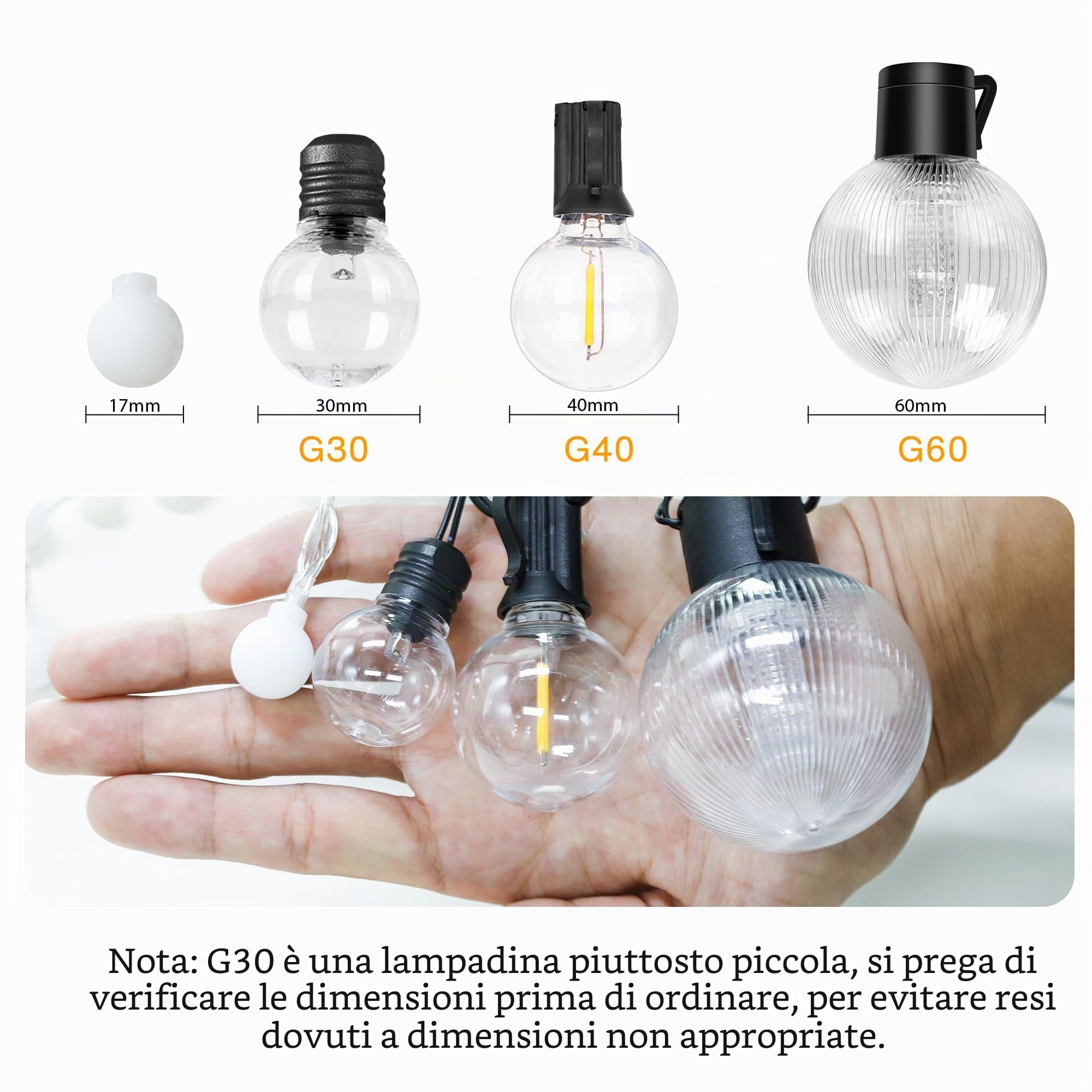 aurogeek Batteria Catena Luminosa Esterno, 9M/30FT 20pcs G30 LED lampadine Esterni Stringa Luci Impermeabile, 8 Modalità con Telecomando Decorazione per Matrimonio Balcone Giardino