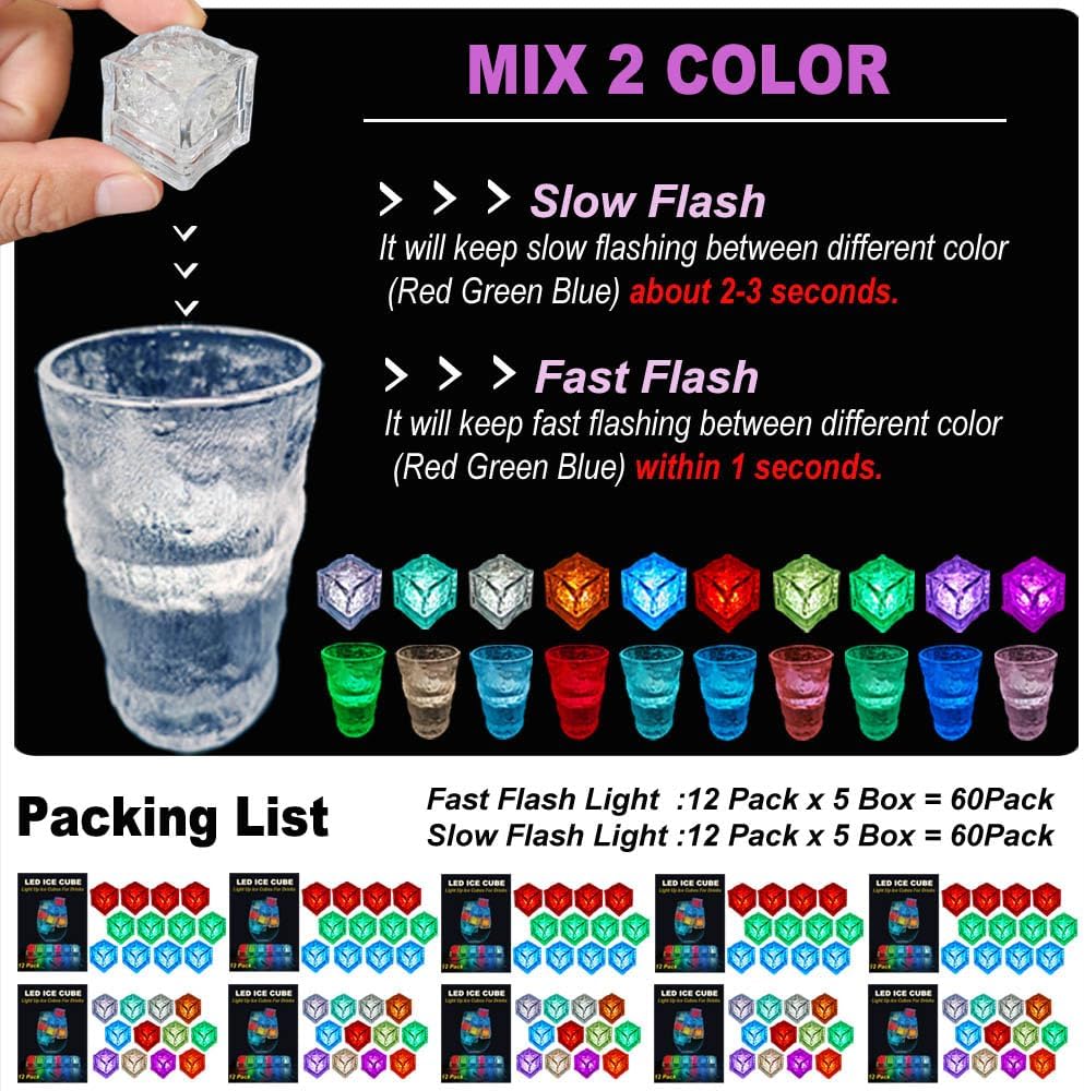 120Pack Light Up Ice Cubes for Drinks Reusable, Slow Flash + Fast Flash Mix 2 Color Lighted Ice Cube Lights,Waterproof Multi Color Flashing LED Drink Light for Cocktail Wedding Party Decorations