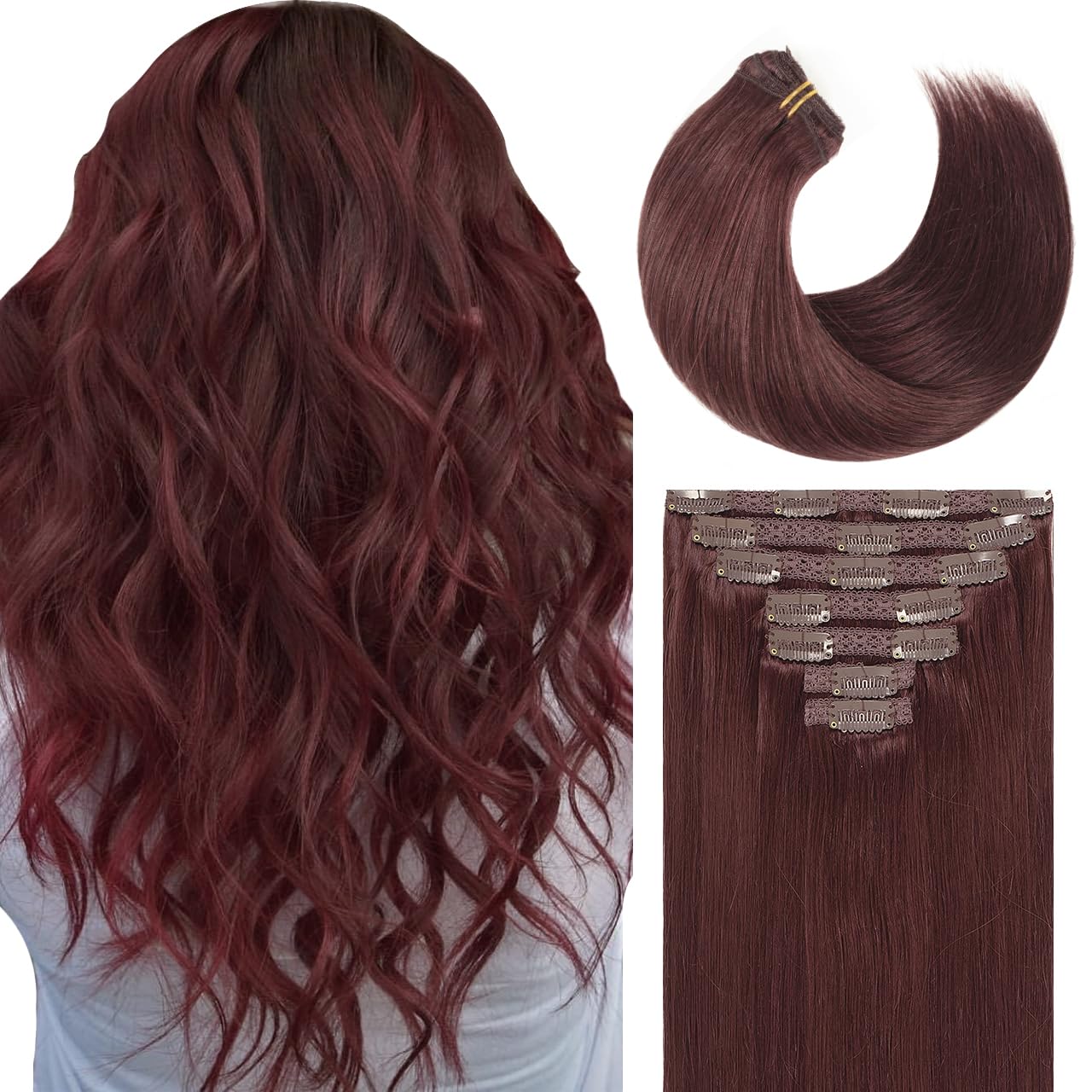 Lacer Clip in Hair Extensions, 140g 22 Inch 7pcs Balayage Natural Burgundy Red Wine Human Hair Extensions Thicker Clip in Hair Extensions Real Human