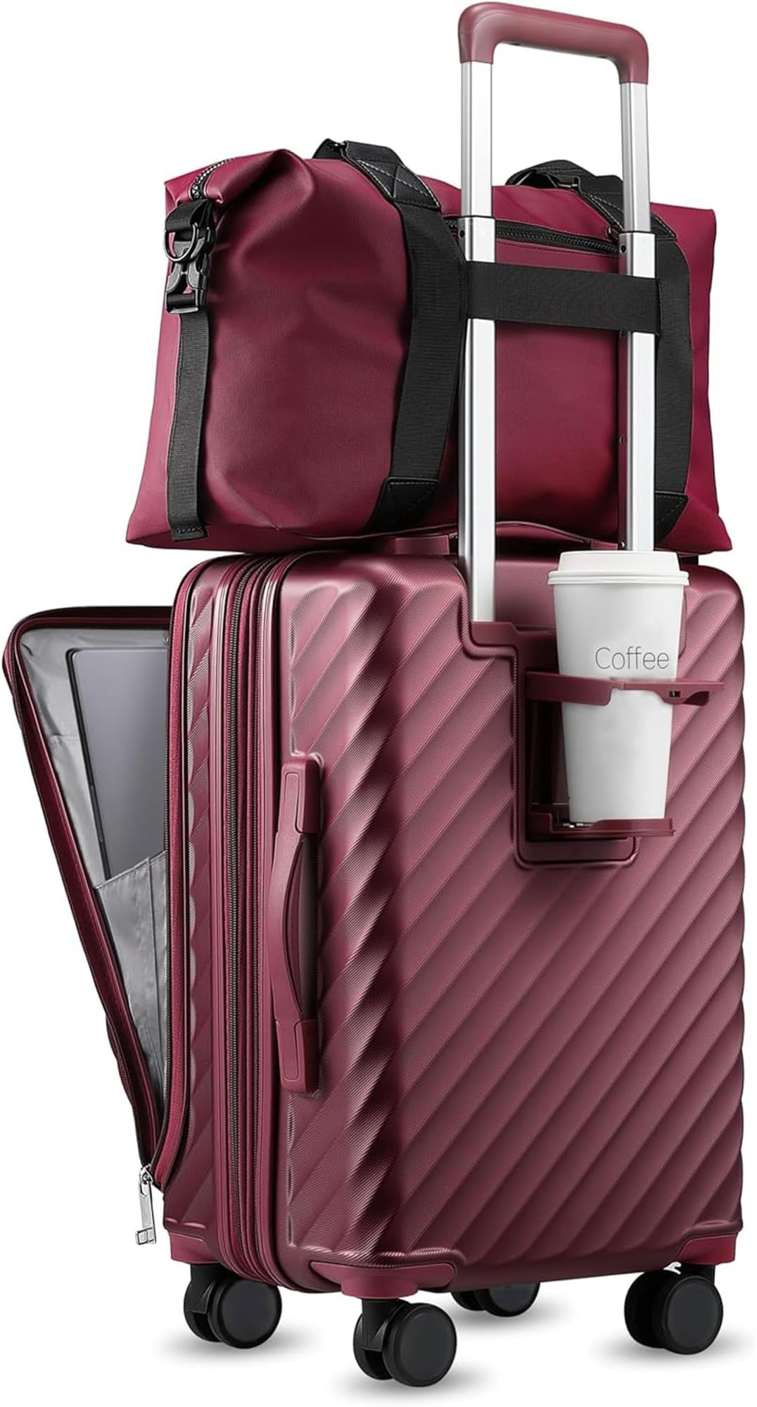 Carry On Luggage with Front Compartment and Cup Holder, KVF Expandable PC Hard Shell Suitcase with Front Pocket (FX-Plus, Ruby Red, 2-Piece (20/Tote))