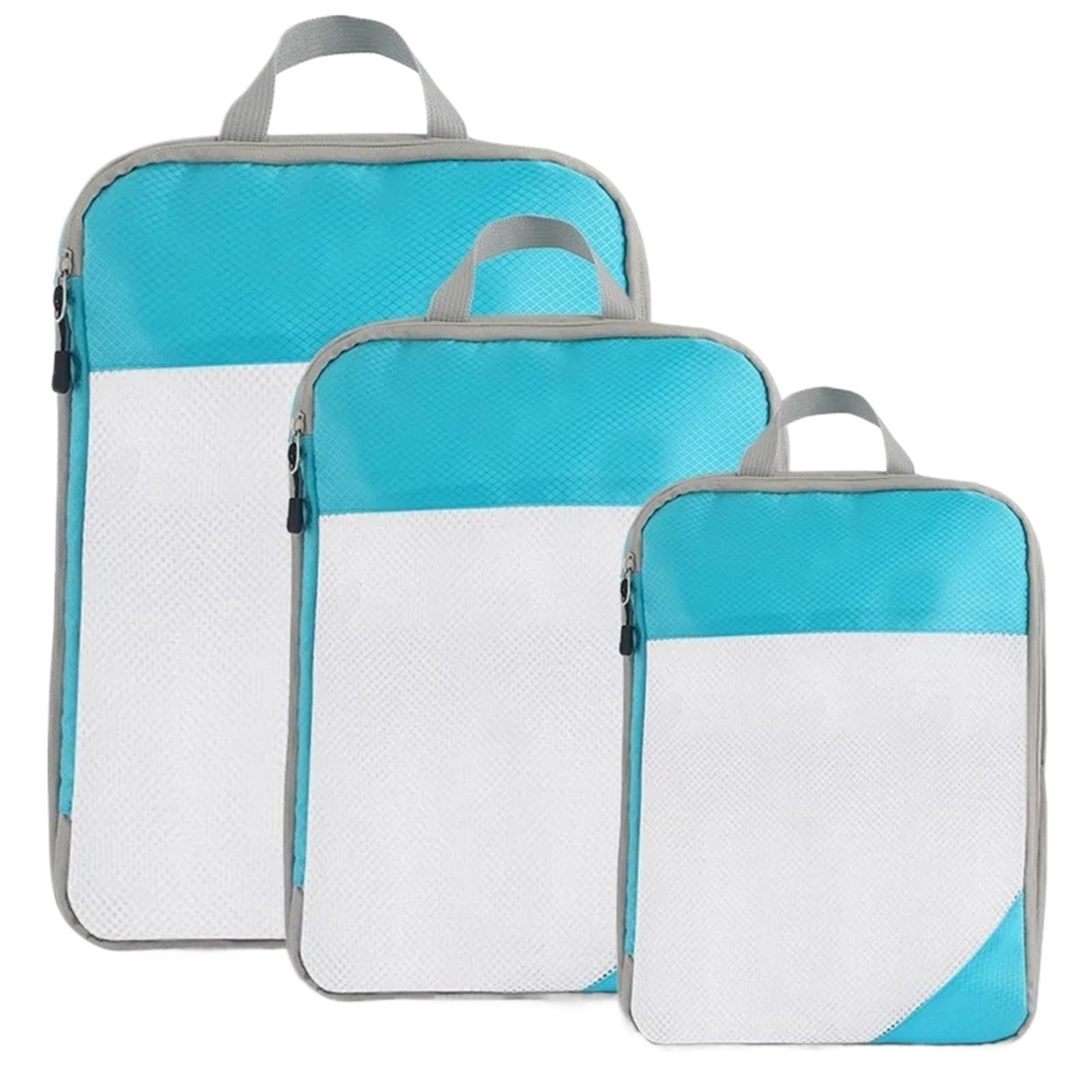 3PCS Travel Compressible Packing Cubes Foldable Waterproof Storage Bag Suitcase Nylon Portable With Handbag Luggage Organizer for Suitcases(Light Blue)