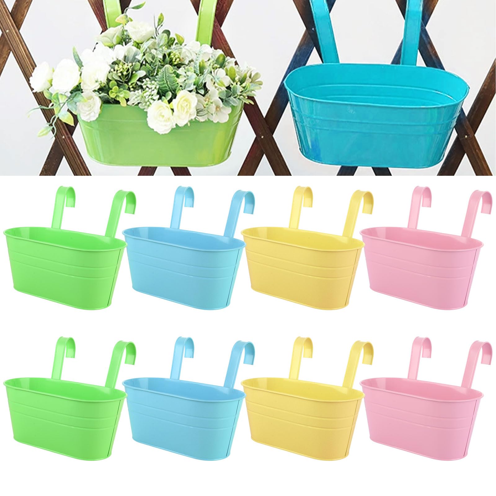 APACALI 8 Pack Hanging Plant Pot, 27cm Balcony Planters for Railing, Over Fence Planters with Detachable Hooks, Hanging Planters Outdoor, Hanging Flower Pots for Fence Garden Home Decor, 4 Colours