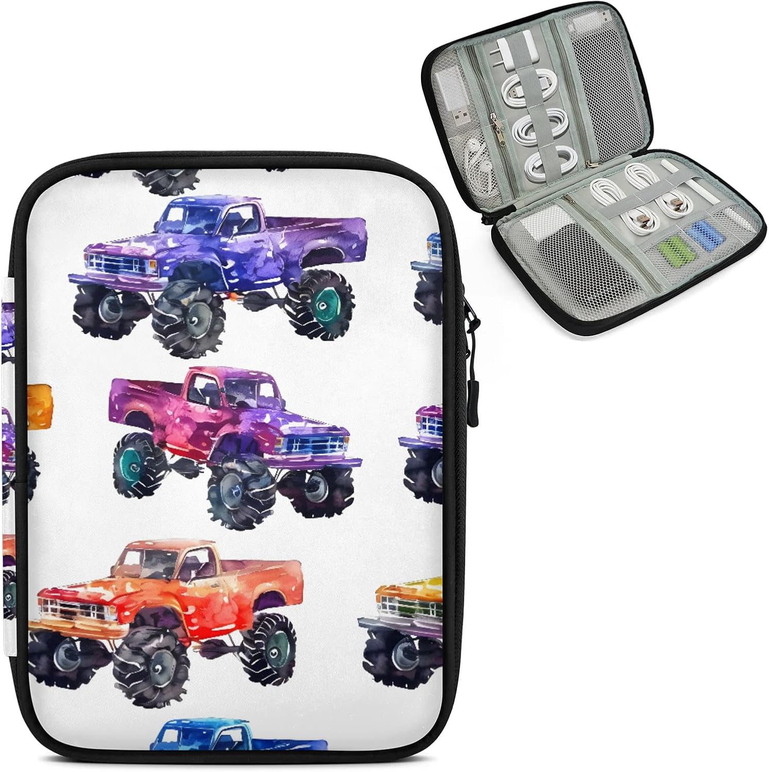 Cars Monster Trucks Electronics Travel Organizer Case, Tech Organizer Pouch Cord Storage Bag for Phone, Cable, Charger, Accessories