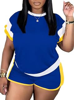 LovelyWholesale Women 2 Piece Outfits Color Block T Shirt with Shorts Set Summer Tracksuit