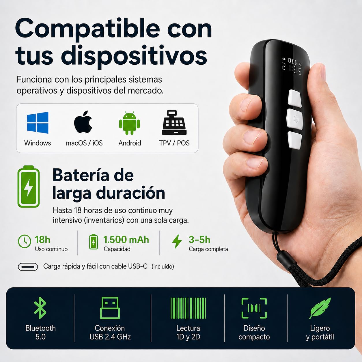 LOXS Lector codigo de Barras inalambrico 1D y Lector QR 2D para TPV y almacen – escaner codigo de Barras inalambrico Bluetooth USB 2.4GHz – Lector codigo Barras Android iOS Windows