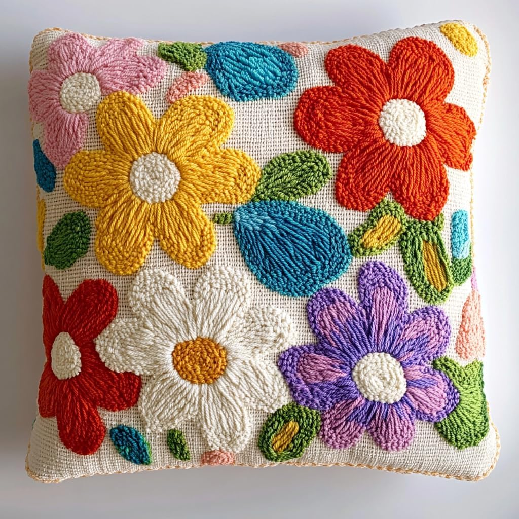 DIY Punch Needle Pillow Kit Daisy Flowers and Green Leaves with Pattern and Hoop Handmade Embroidery Punch Needle Starter Pillowcase Set for Home Sofa Decor 43x43cm-1-5
