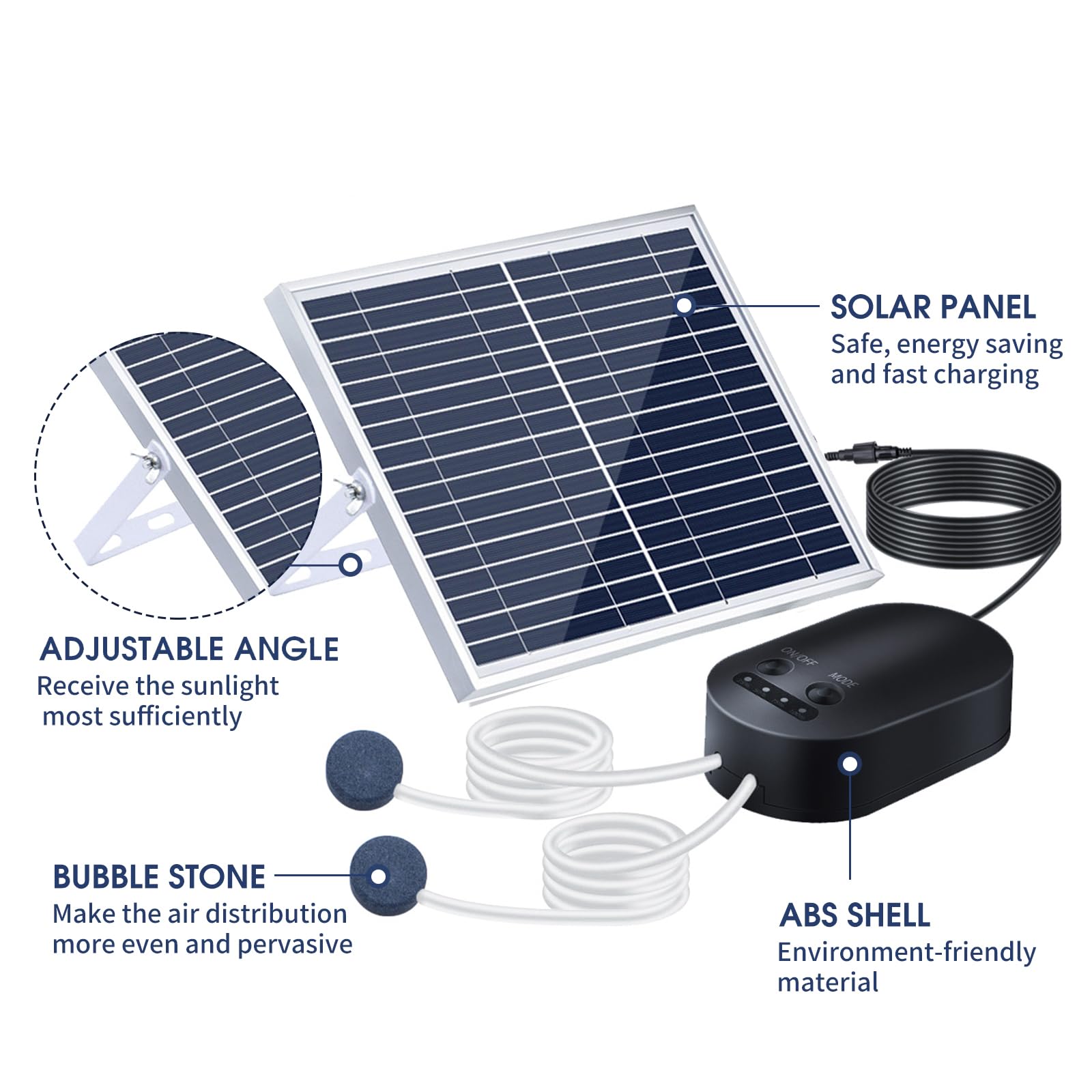 Oxygénateur d',Pompe à oxygène Solaire 10W avec u Support de Pierre à air oxygénateur de réservoir de Poissons 3 Modes réglables aérateur d'oxygène d'aquarium pour Petit étang Bain d'oiseaux