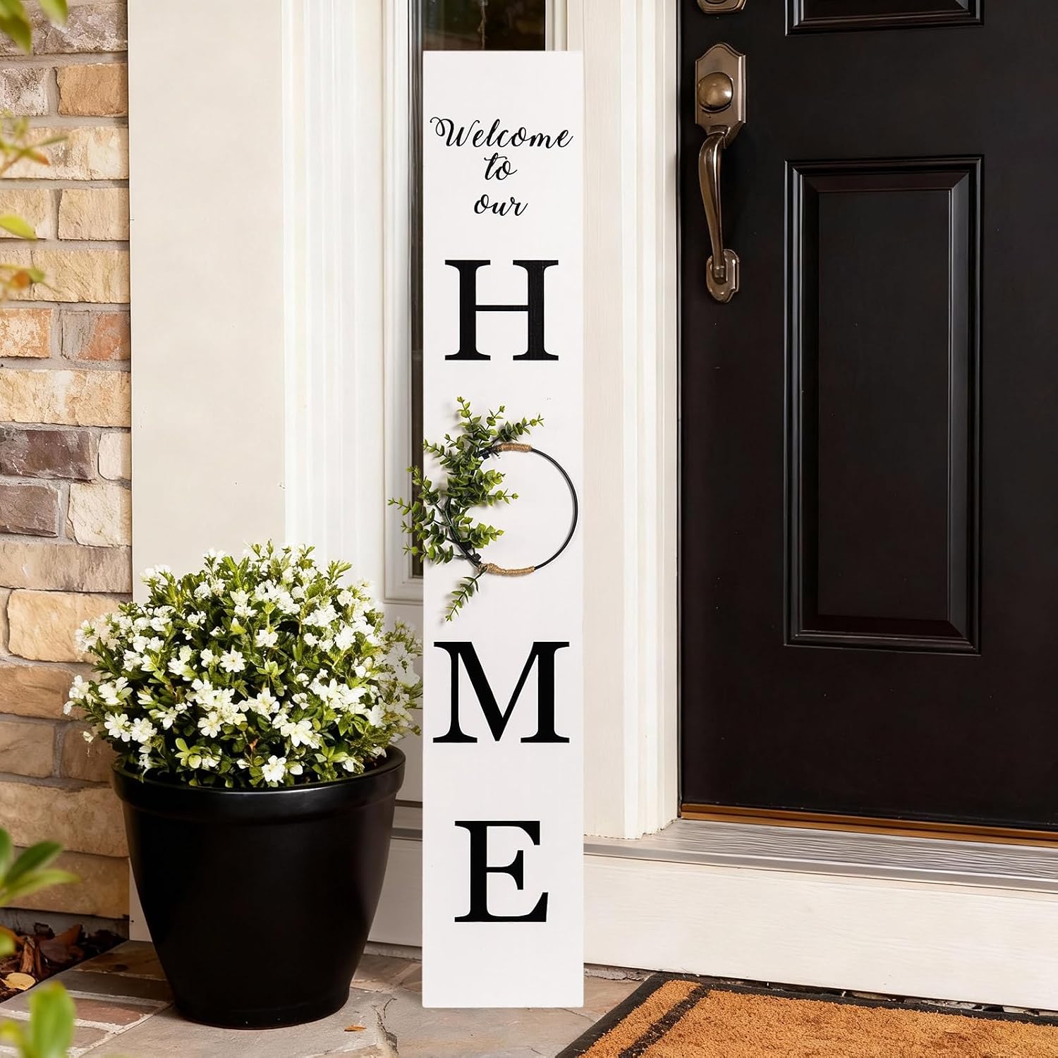 47.2" H Welcome to Our Home Sign with 3D Wreath (No Splicing), Large Wooden Welcome Sign Porch Front Door Standing Outdoor Decor, Tall Vertical Leaner Outside Farmhouse Yard Decorations